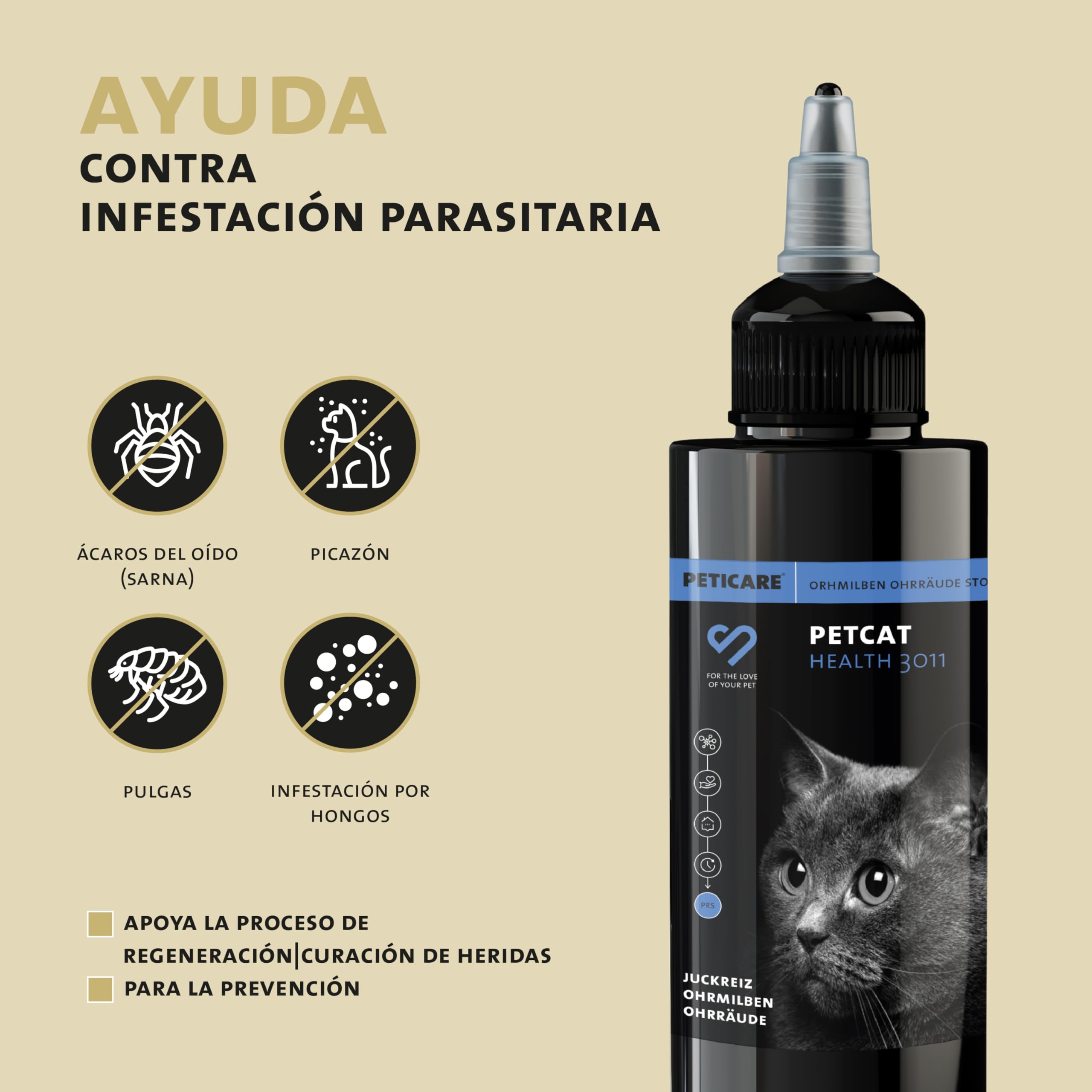 Peticare Gato Aceite de Cuidado Limpiador para Acaros del Oido y Anti-Parasitos - Gotas de Tratamiento, Limpia Eficazmente Orejas, Detiene Otitis Parasitaria - petCat Health 3011