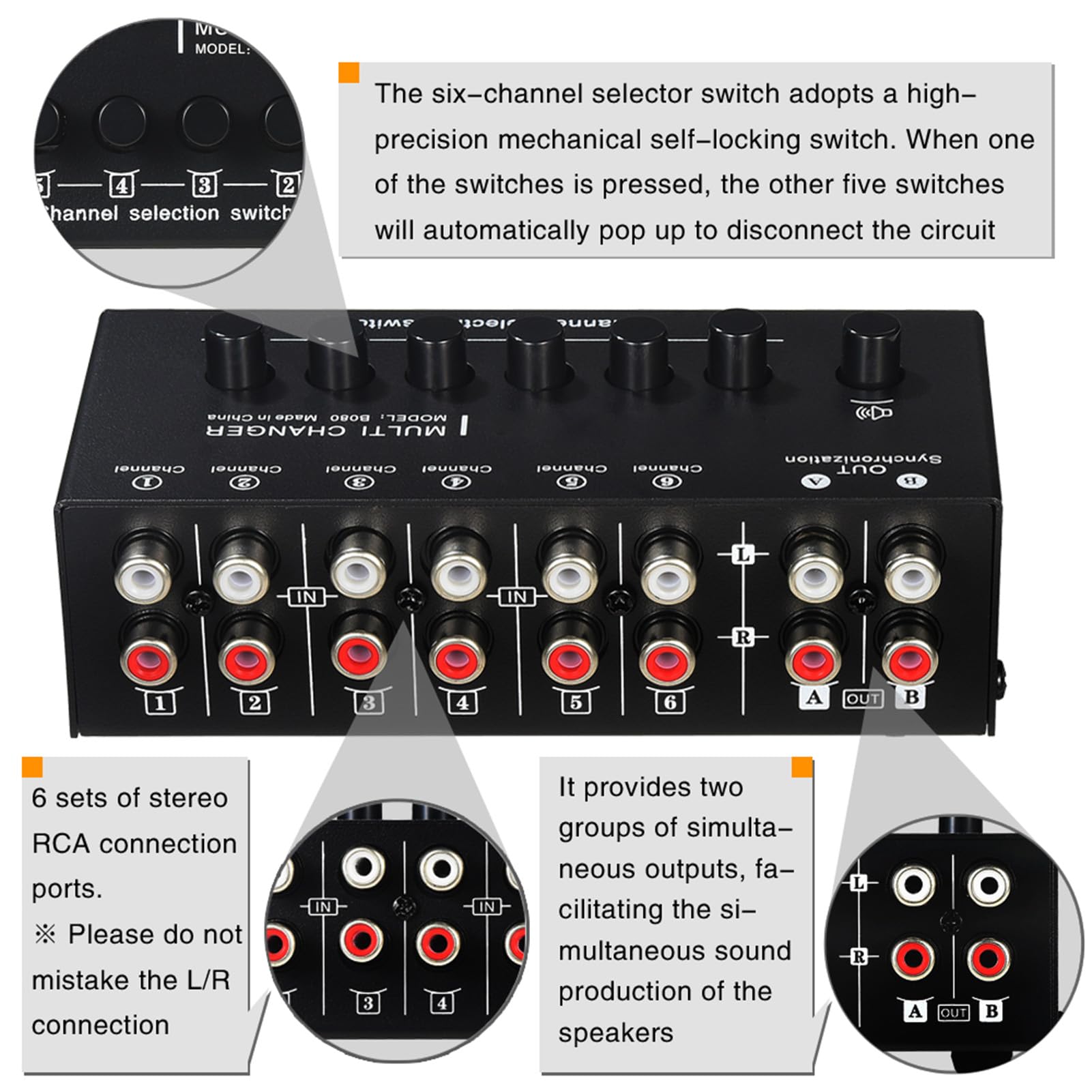 Przełącznik Audio, Przełącznik Stereo Audio, Wyjście 6 na 2, Plug and Play, do Komputera do Gier Kina Domowego, Czarny