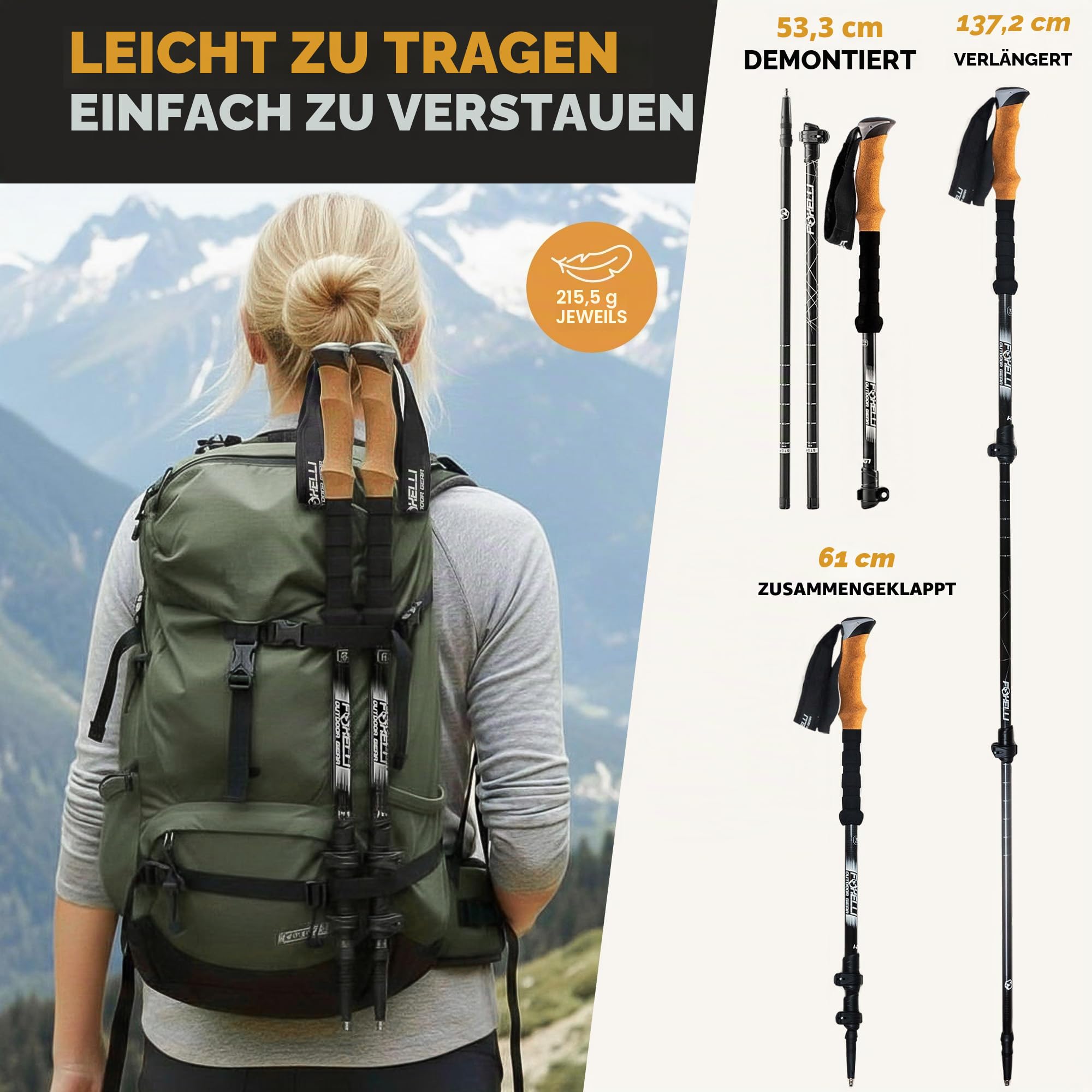 Foxelli Carbon Wanderstöcke – Faltbare leichte stoßdämpfende Stöcke zum Wandern, Trekking, Hiking und Laufen mit Naturkorkgriffen, Flip Locks, 4-Jahreszeiten-/All-Terrain-Zubehör und Tragetasche