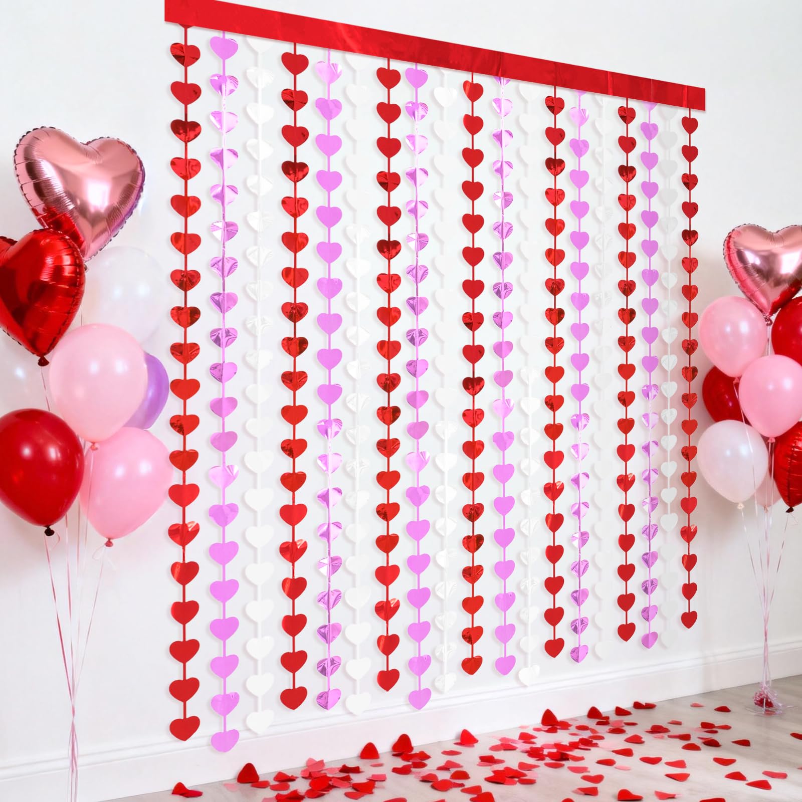GCQQ Valentines Party Decorations - 2 Packs Red Pink White Heart Foil Fringe Curtains 3.3 x 6.6FT Valentine's Day Tinsel Streamer Backdrop with 5M Cotton String for Anniversary Wedding Birthday Decor