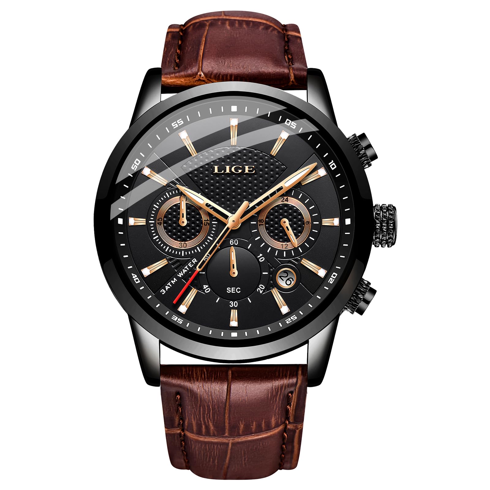 LIGE Men's Fashion Chronograph Waterproof Analog Quartz Stainless Steel Casual Leather Wrist Watches