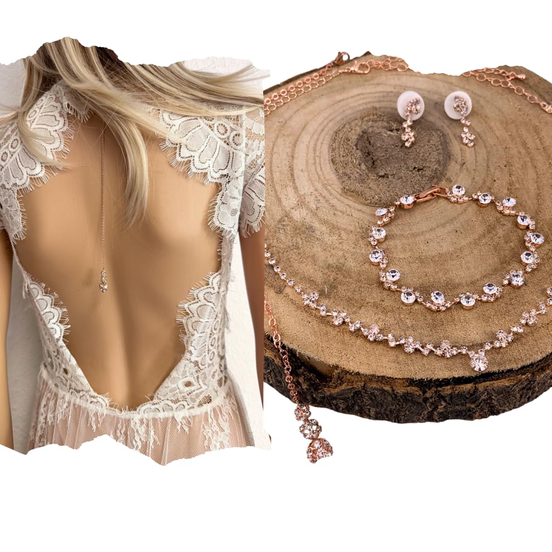 Brautschmuck Set Rosegold, Rückenkette mit Strass 23cm, Collier 38-48cm, Armband 18,5cm, Ohrringe 2,5cm