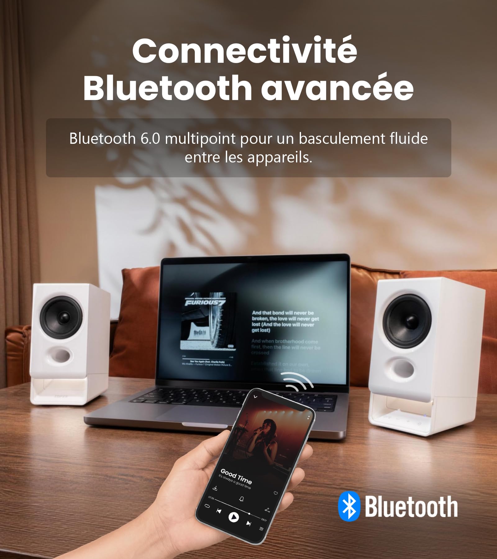Edifier R20BT Enceintes USB Bluetooth 6.0 avec Haut-Parleurs Large Bande 2,75", Commandes Tactiles, Entrée AUX, Prise Casque, Éclairage Personnalisable Via Application - Blanc