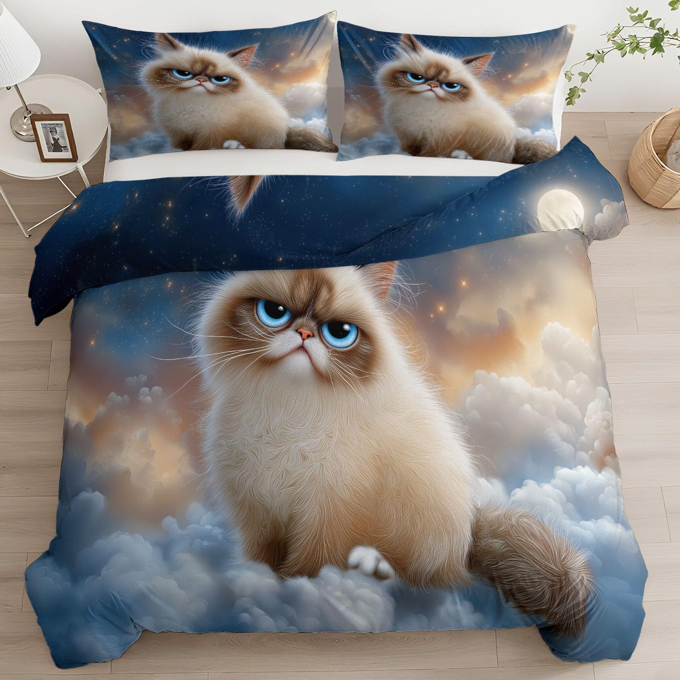 Zestawy poszewek na kołdrę z nadrukiem, dwustronny zestaw pościeli 260 x 220 cm, fantazyjne zwierzęta zły kotek poszewki na kołdrę z pasującymi poszewkami na poduszki 50 x 75 cm dla kobiet dorosłych