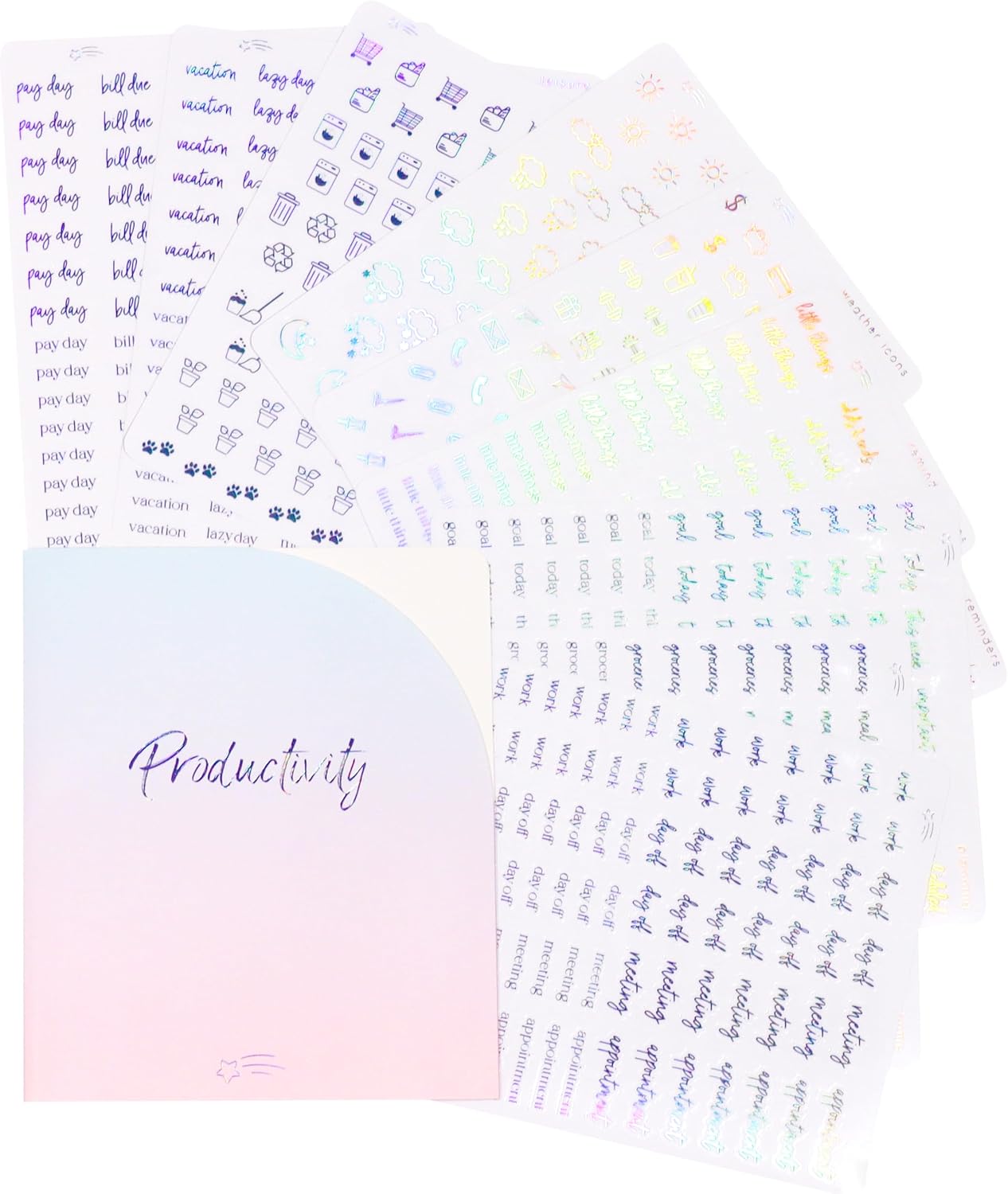 Clear Holographic Foil Planner Stickers, Productivity, Functional, Icons, Words, Over 600 Stickers, Organzie, Aesthetic, Folder Included, Minimal, Rainbow Shift - Holographic