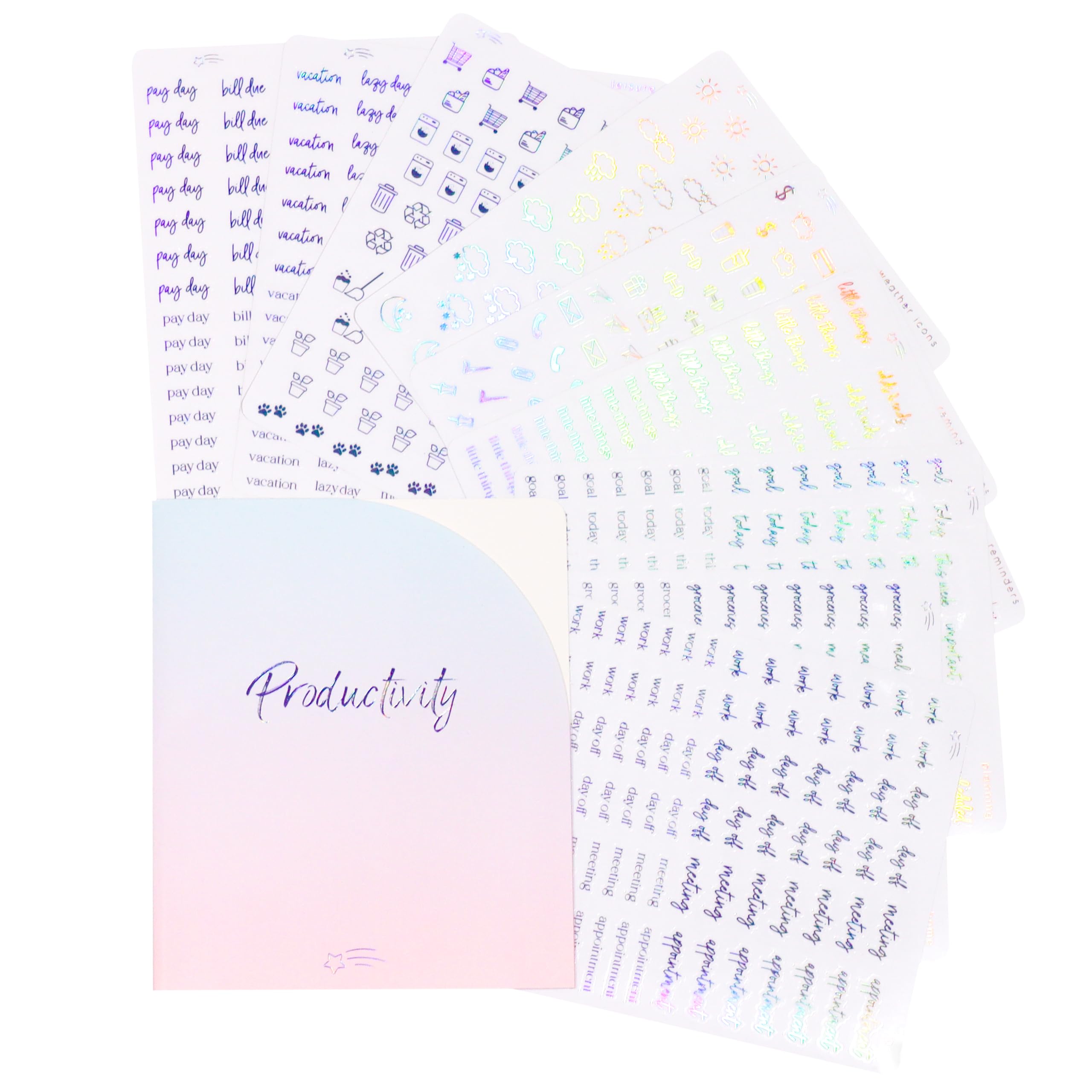 Clear Holographic Foil Planner Stickers, Productivity, Functional, Icons, Words, Over 600 Stickers, Organzie, Aesthetic, Folder Included, Minimal, Rainbow Shift - Holographic