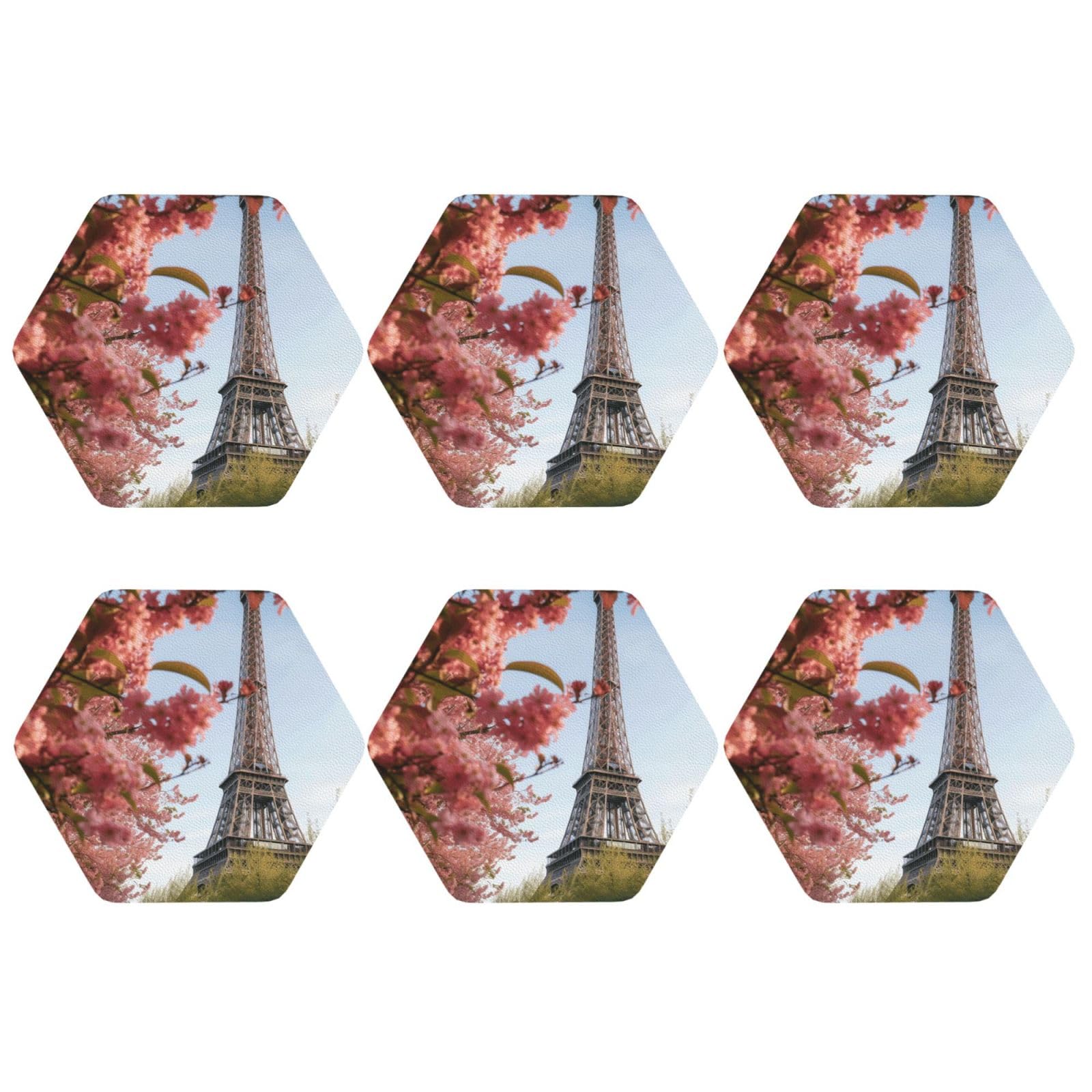 6pcs Leather Coasters for Drinks, Paris Eiffel Tower Flower Drink Coasters for Tabletop Protection, 4" Cup Coasters for Coffee Table Decor, Non-Slip Drinking Cup Mat for Hot Or Cold Drink