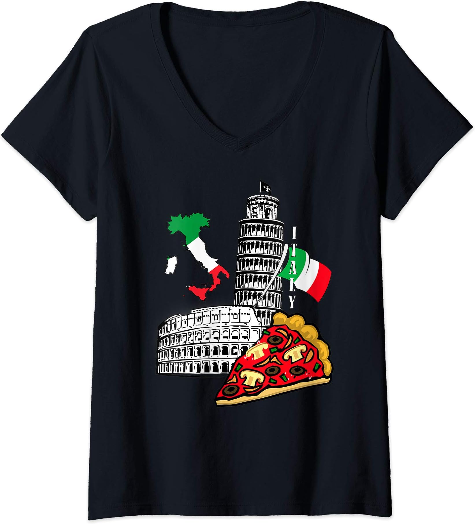 Womens I love Italy Italian Flag Pisa Tower Pizza Colosseum T-shirt V-Neck T-Shirt