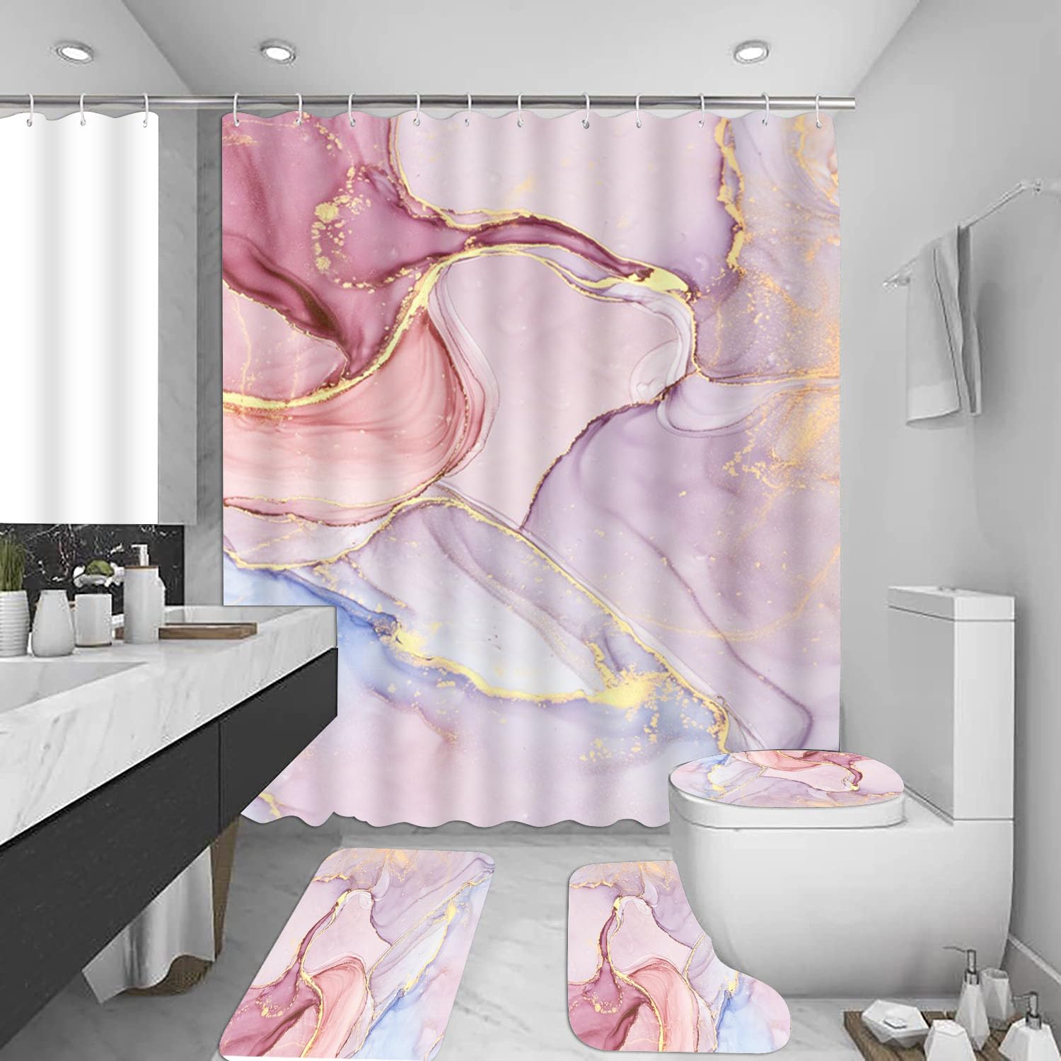 Badematten & Badteppiche Set 4 Teilig Badezimmerteppich Waschbar Badematte rutschfest,Wc Vorleger Mit Ausschnitt Badematte Und Duschvorhang,Badvorleger Toilette Teppich 50×80Cm Rosa Marmor