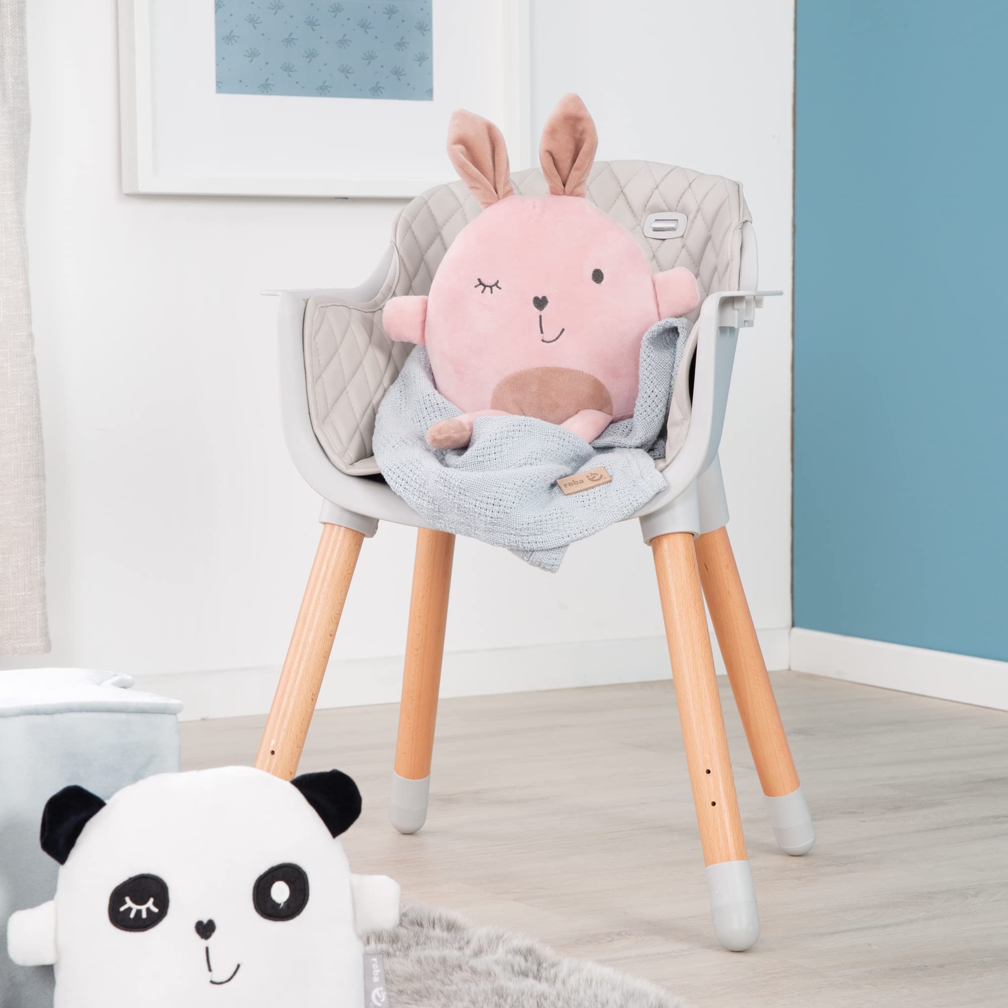 roba Chaise Haute Évolutive 2 en 1 Style Up Wood pour Bébé et Enfant - 50 KG - avec Ceinture de Sécurité et Plateau Repas Amovible - Réglable - Assise Rembourrée - Gris