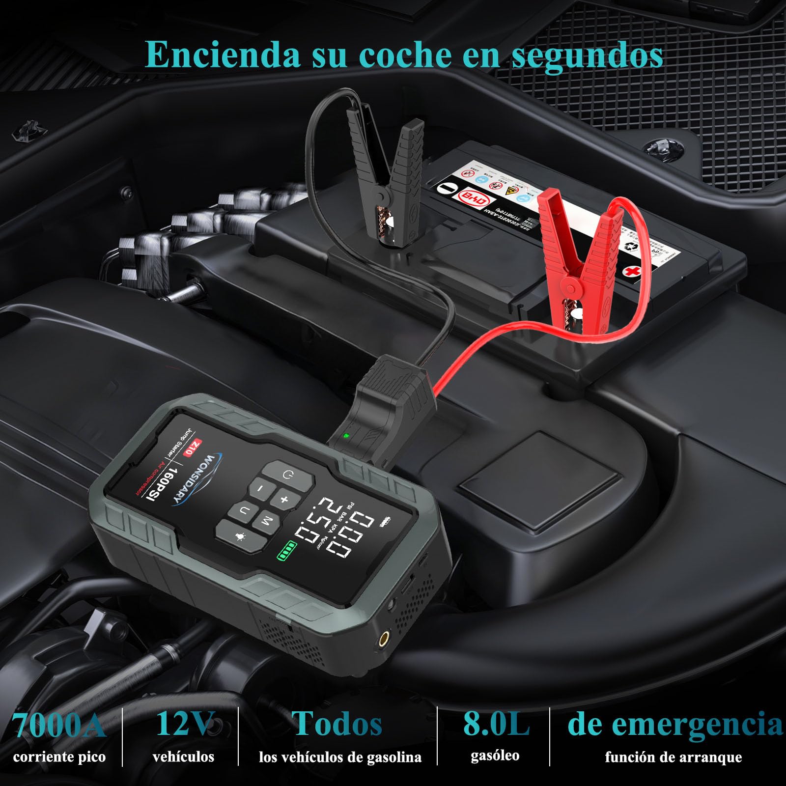 Arrancador de Baterias de Coche 7000A con Compresor,160PSI Inflador de Neumáticos,27000mAh 12V Jump Starter (Todo Gasolina o 8.0L Diésel),Doble LED con 4 Modos de Luz,Pantalla LCD, Kit de Viaje