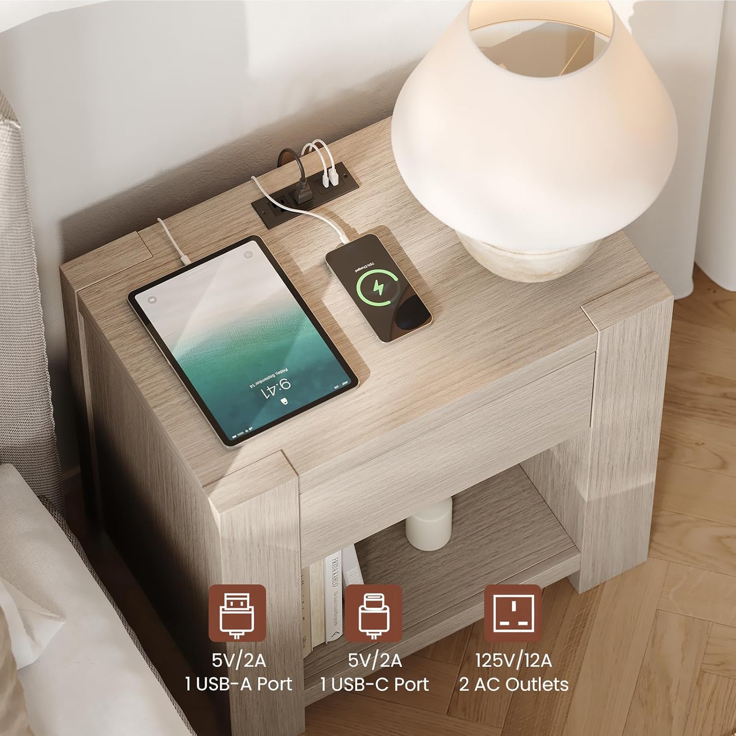 23.6'' Wide Modern Nightstand with Charging Station, White Oak Bedside Table with Drawer & Open Shelf for Bedroom, Large Wood End Table for Living Room, Bedroom, Bed Side, Couch, Natural