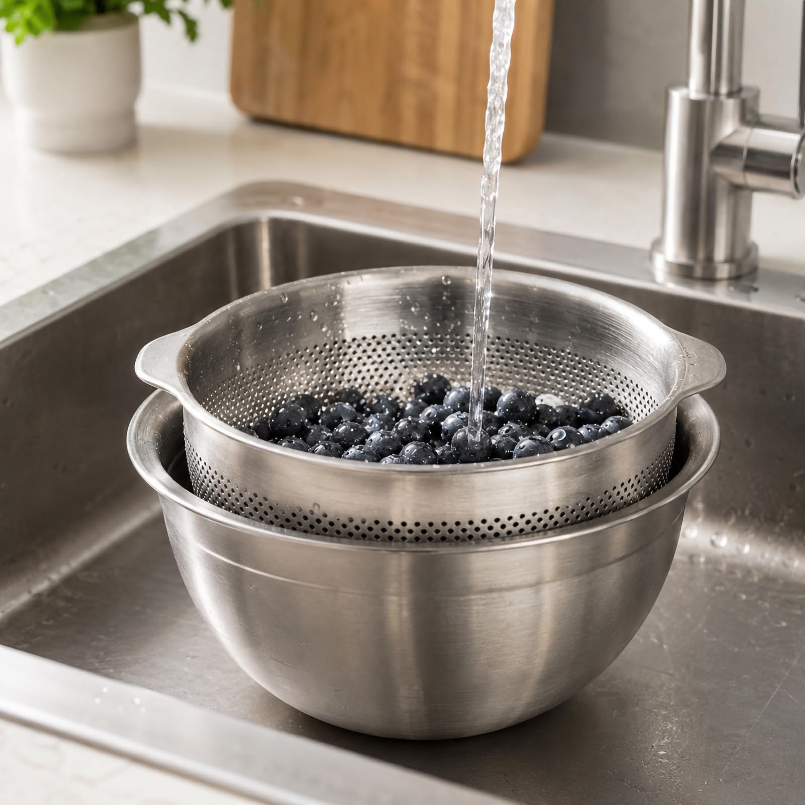 Produce - Juego de coladores para lavar (27 cm) | Lavabo de acero inoxidable 304, cesta de drenaje con asas, herramienta de enjuague de cocina