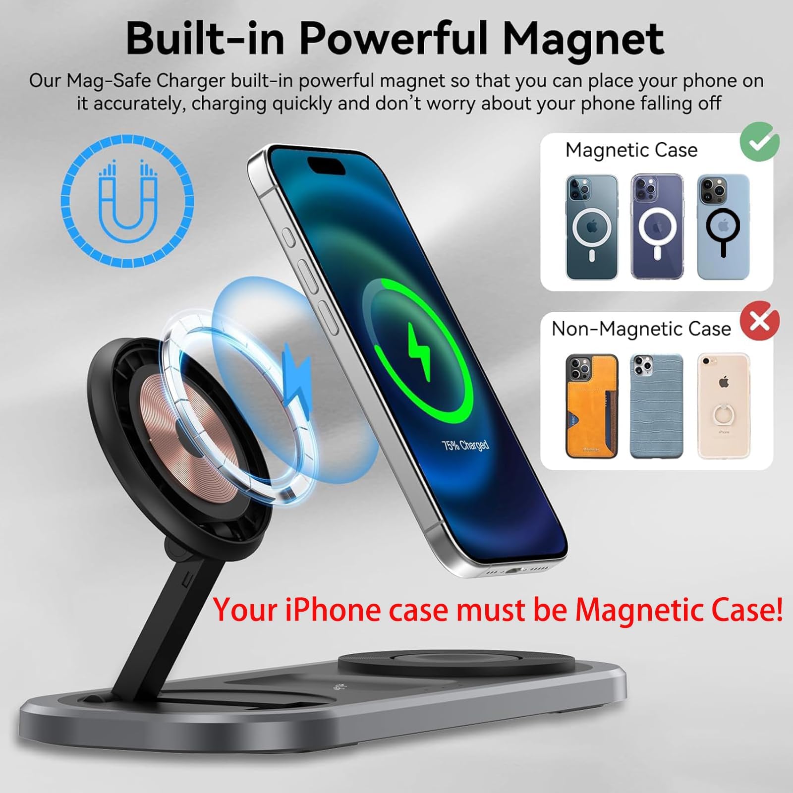 3 in 1 Faltbare Ladestation für Apple Geräte, Fast Wireless Charger Stand für Magsafe für iPhone 16 15 14 13 12 Pro Max Plus, Apple Watch Series & AirPods pro/2/3/4, Geschenke für Frauen Männer
