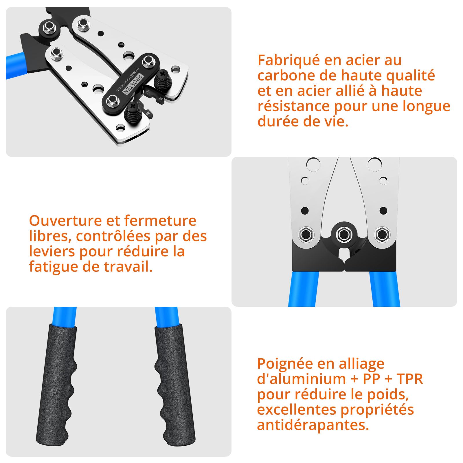 Proster Pince à Sertir Câble 6-50mm² Kit Sertissage Cuivre - Outil Sertir Cosse SC Cuivre Électrique avec 45 Cosses Épaisses - Pour Batterie Voiture Bricolage Installation Électrique
