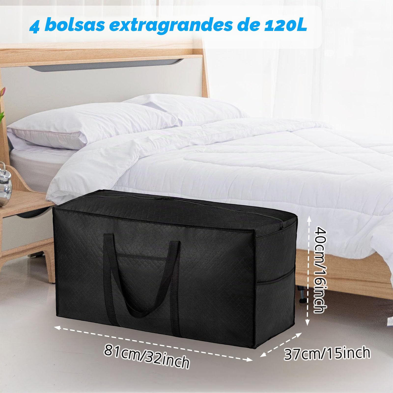 Paquete de 4 bolsas de almacenamiento extragrandes de 120L con tapa, bolsas de mudanza resistentes con cremalleras, bolsa de transporte para viajes, edredones, ropa, hogar, debajo de la cama