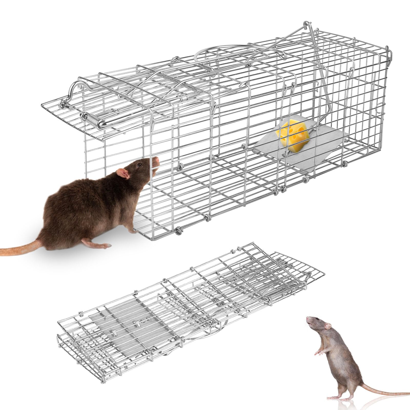 Humane Live Rat Trap Foldable Live Animal Trap Humane Foldable Rat Trap Cage W/Detachable L Shaped Rod Squirrel Trap Galvanized Iron Mice Mouse Cage/Small Groundhog Control Bait Catch