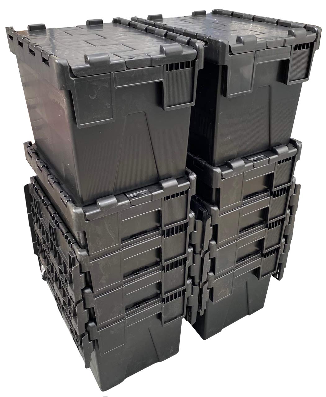 Heavy Duty 100% Recycled Plastic 25 Litre Attached Lidded Container Storage Box Totes (L 400 x W 300 x H 305 mm) Black - Pack of 10