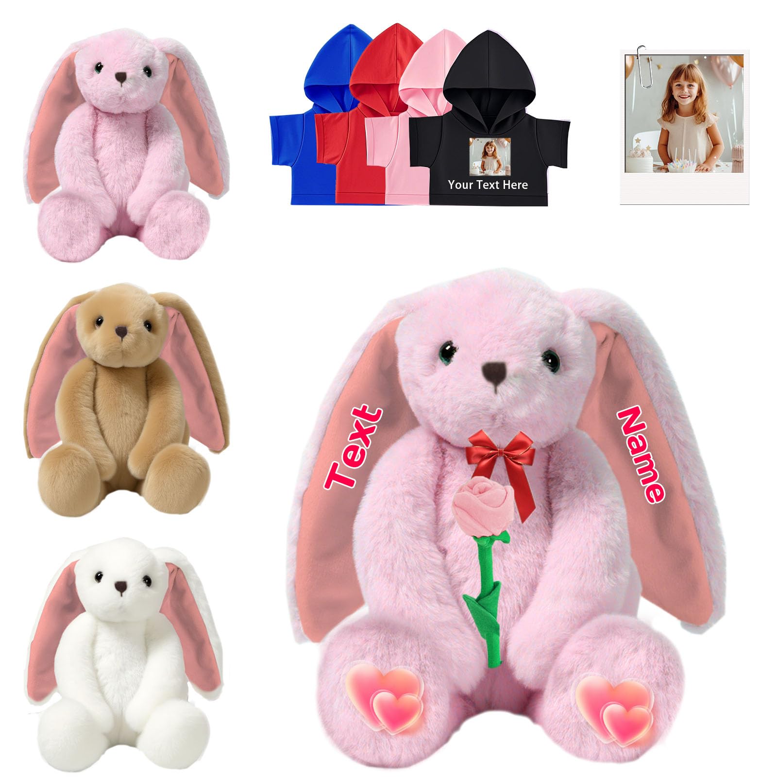 DRAJOIN Peluche Conejito Personalizado, Peluche Conejito Personalizado con Foto Nombre como Regalos Personalizados Bunny Plush para Niños Niñas, Niños Primer Regalo de Pascua, 25 cm