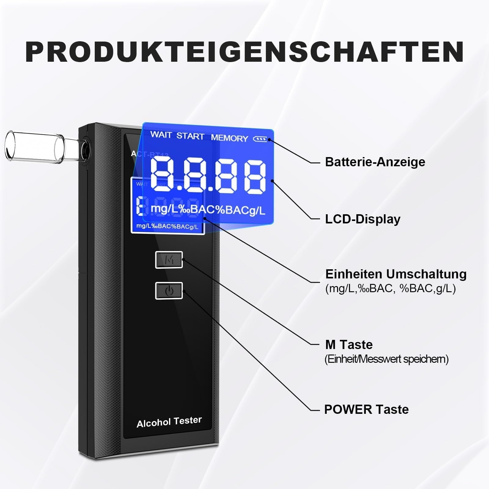 Alkoholtester mit 10 Mundstücken Tragetaschee - Präziser Tragbarer Alkotester, Digitales LCD Alkoholmessgerät, 50 Speicherplätze für Auto & Privat