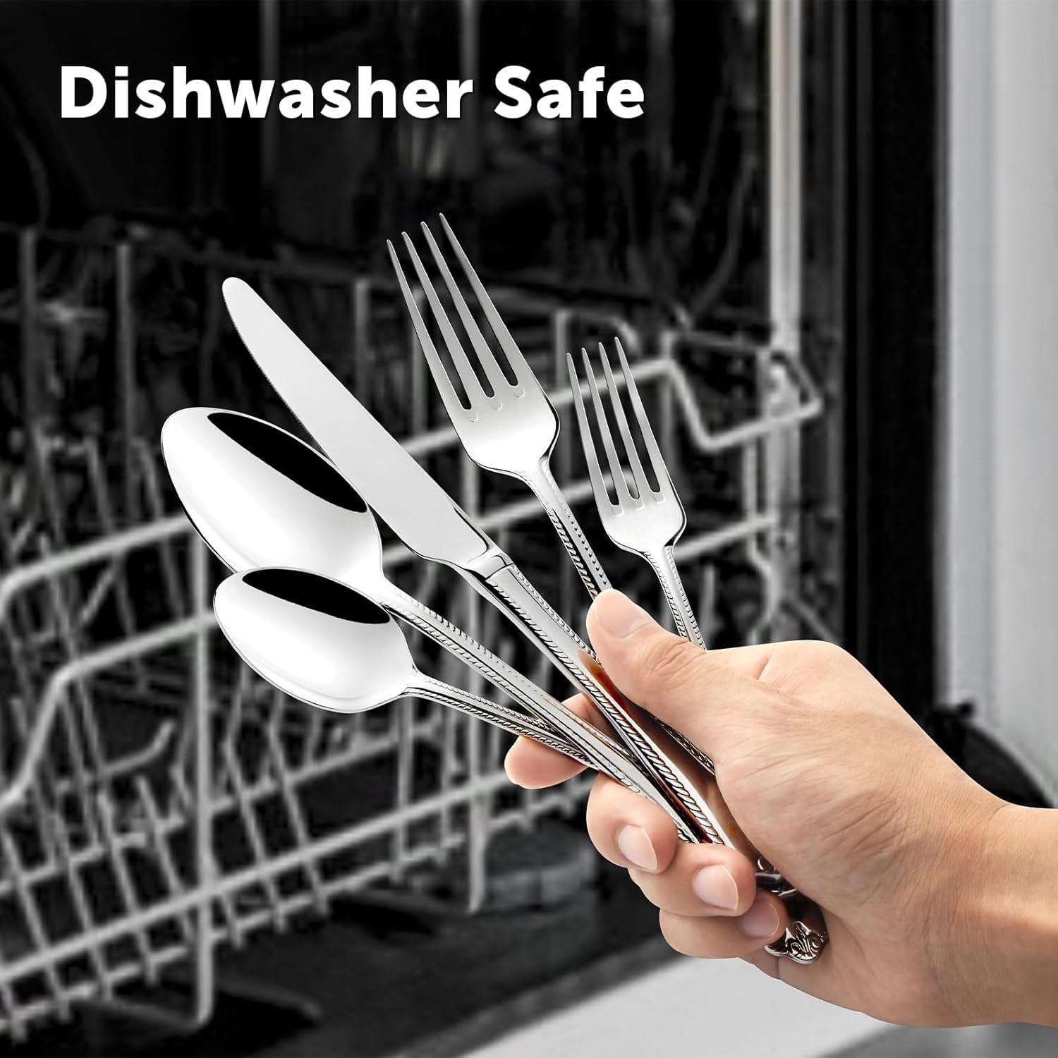 HIKAA 30-Teiliges Edelstahl Besteck Set 6 Personen, 18/10 Besteckset | Chippendale Essbesteck Spiegelpoliert, Spülmaschinenfest, Cutlery Set für Zuhause, Restaurant, Hochzeit, Party, (Silber）