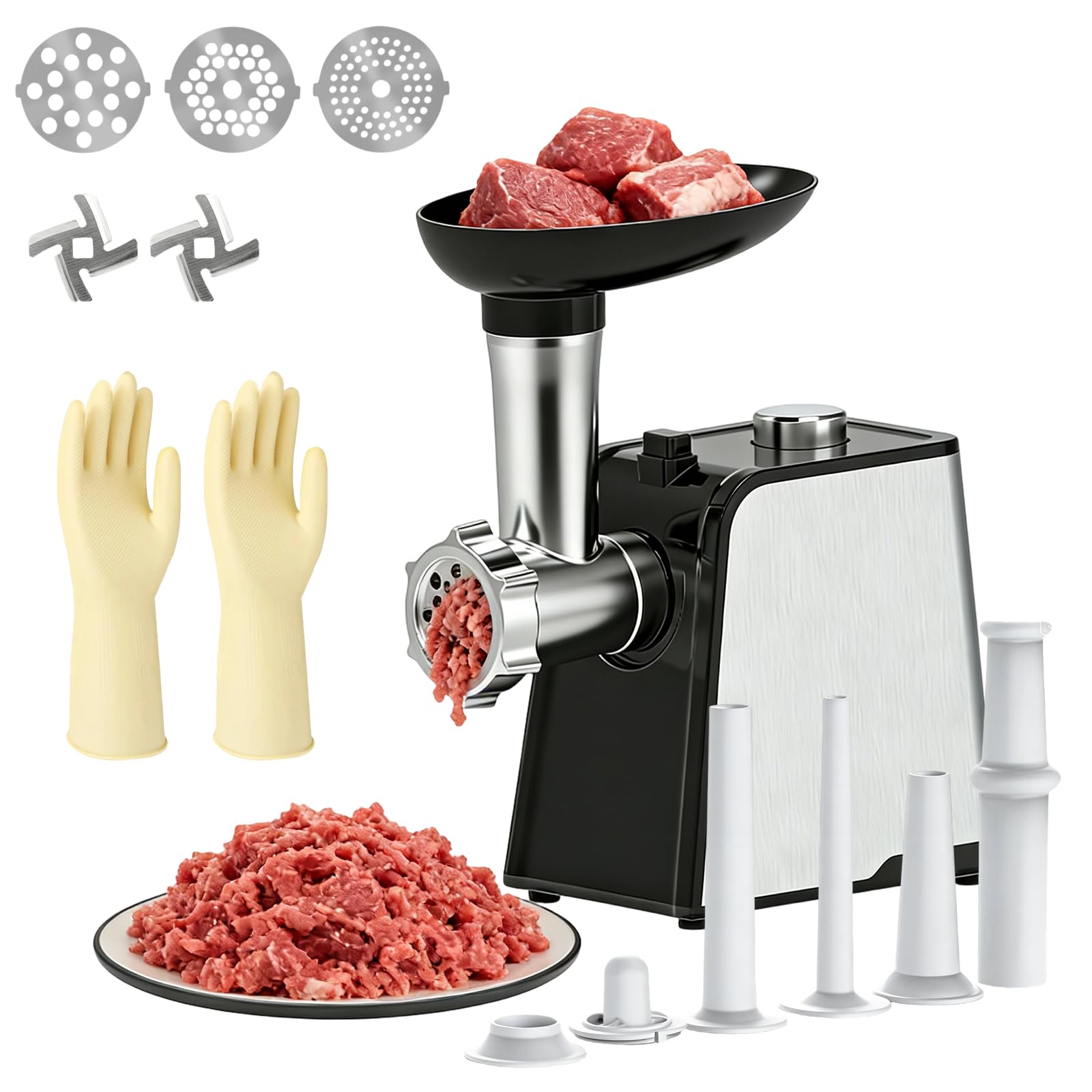 Picadora de Carne Eléctrica 3200W Max, Picadora de carne Multifuncional | Con 3 Placas de Corte, 2 Cuchillas y 3 Tubos para Embutidos, Picadora de Carne en Acero Inoxidable para Uso Doméstico