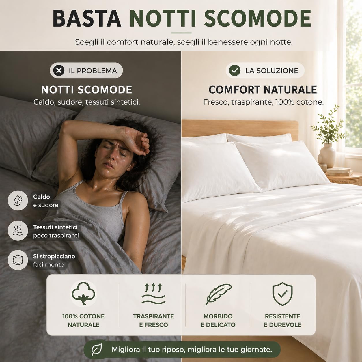 Set Lenzuola in 100% Puro Cotone, Completo letto, Lenzuola sotto con angoli, Sopra e Federa cuscino, Morbidezza e Comfort Naturale (M158 - Verde, Singolo)