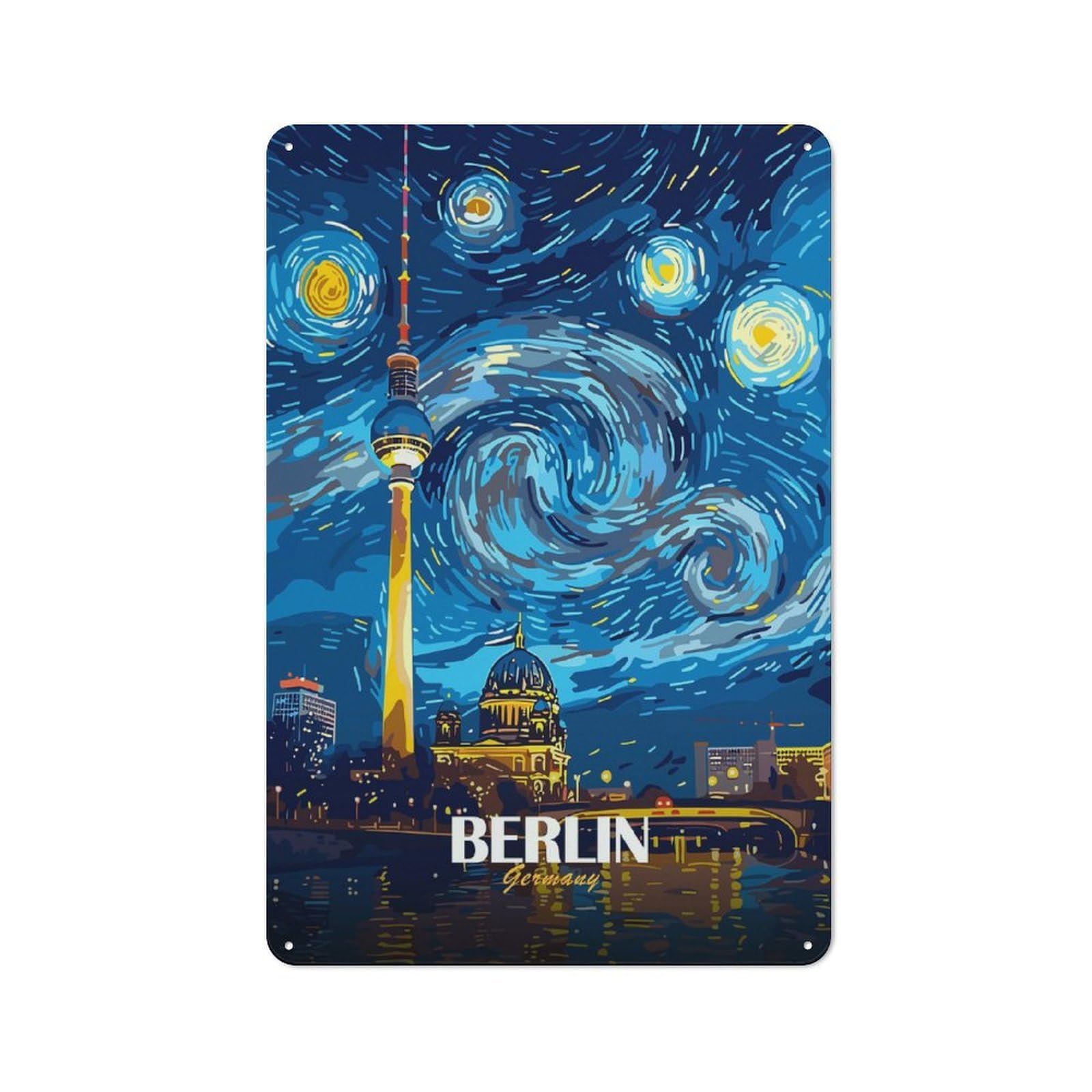 Junmoney Style-5 Tin Wall Plaque 30X20cm With Berlin Starry Night Cityscape For Café Or Restaurant, New Home Wall Decor For Hospitality Interior Collectors