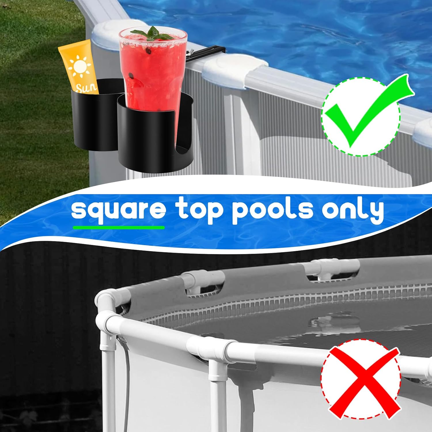 Adjustable Poolside Cup Holders for Above Ground Pool,Double Pool Drink Holder Metal Poolside Drink Accessories for Square Top Pools Only,Not Compatible with Round/Oval Top Bar