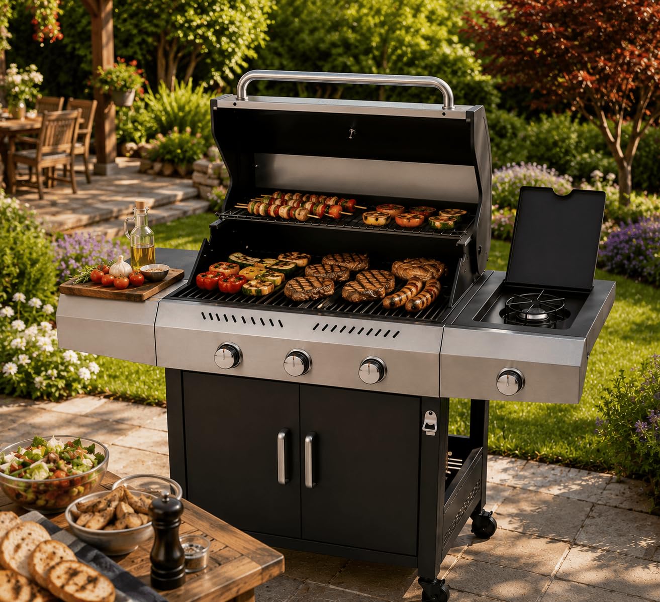 Barbecue a Gas Professionale XXL Da 13 kW con 4 Bruciatori in Acciaio Inox 304 Con Fuoco Laterale Termometro Coperchio Doppio Griglia Di Cottura 65 x 42 Cm Scaldavivande Ruote 135 × 50 × 120 Cm Nero