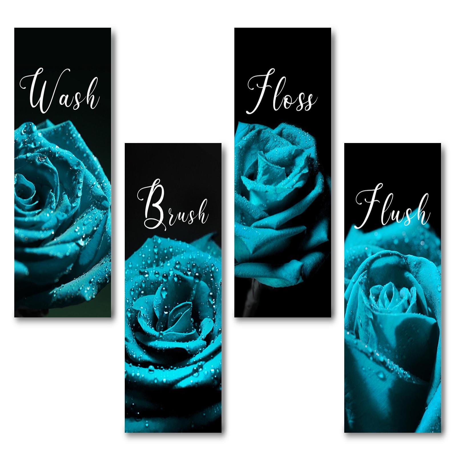 4 Pieces Rustic Wooden Art Wall Hangings Wash Brush Floss Flush Blue Rose Style Wood Signs 12 X 4 Inches for Home, Bathroom, Toilet Wall Decor