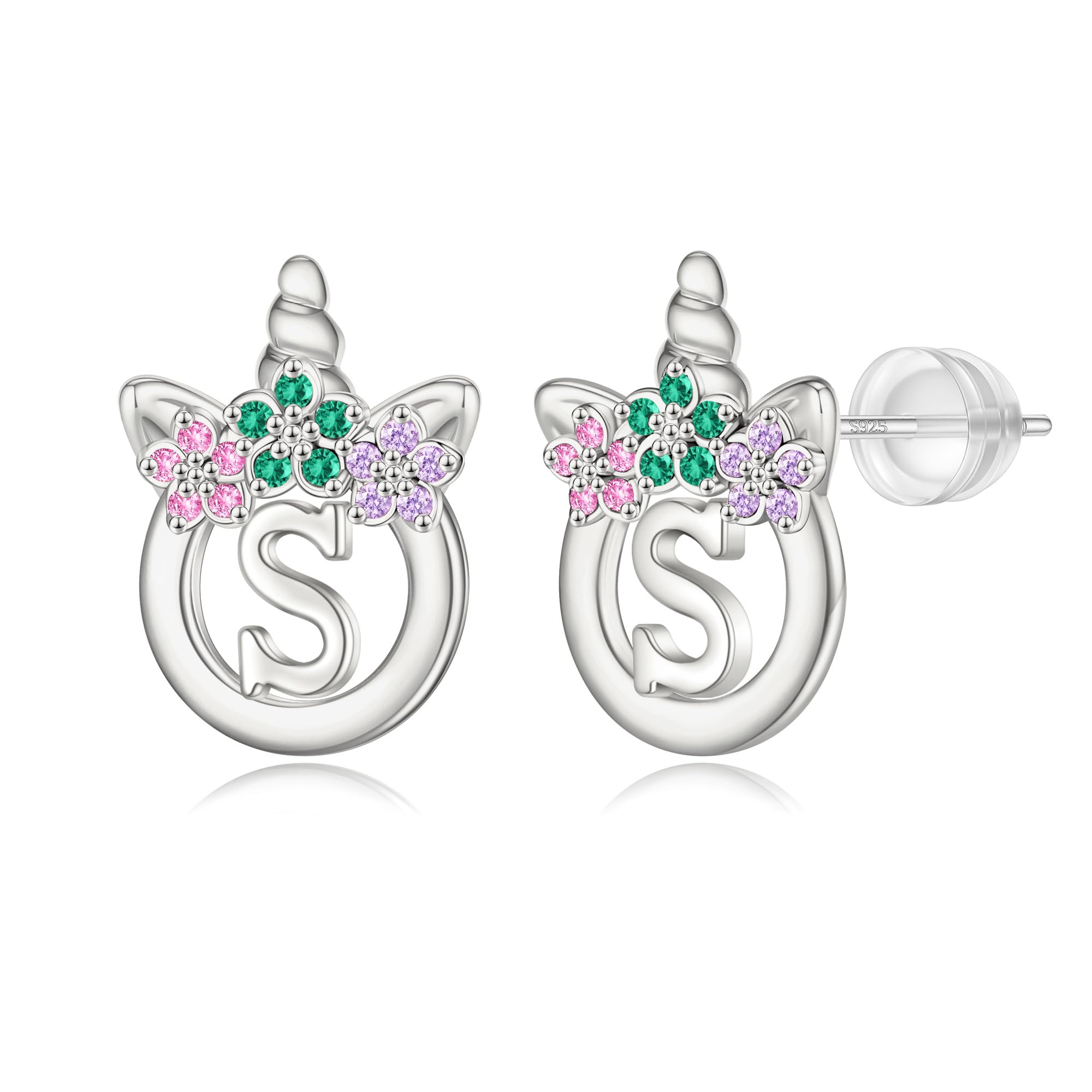 Unicorn Earrings Gifts for Girls - 925 Sterling Silver Stud Earrings Hypoallergenic Initial Unicorn Earring for Girls Kids Jewelry CZ Birthday Gifts