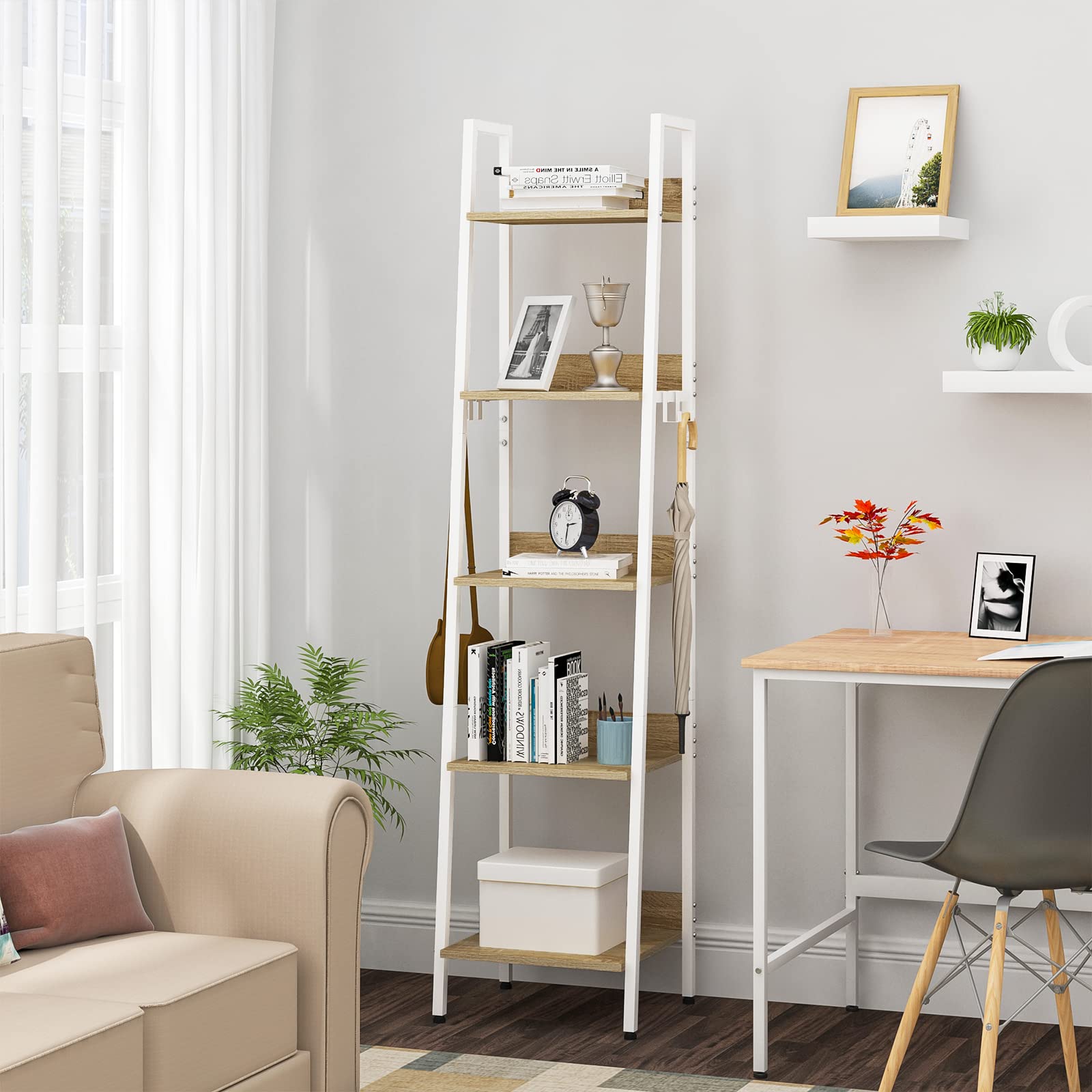 WOLTU Libreria a 5 Ripiani, Scaffale con 4 Ganci Industriale, Scaffale a Scala in MDF e Metallo per Soggiorno, Cucina, Studio, Ufficio,Bianco, 40x36x170cm RGB9289whe