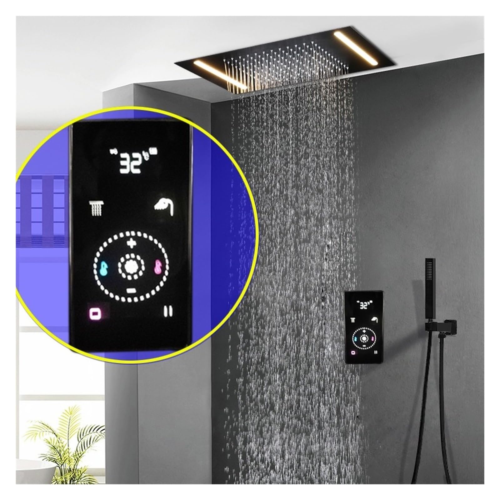 Set Doccia a soffitto Sistemi Doccia Intelligenti Neri con Pannello di Controllo Touch Digitale termostato, soffione a Pioggia LED 500 * 360MM Bagno(Shower Head Set)