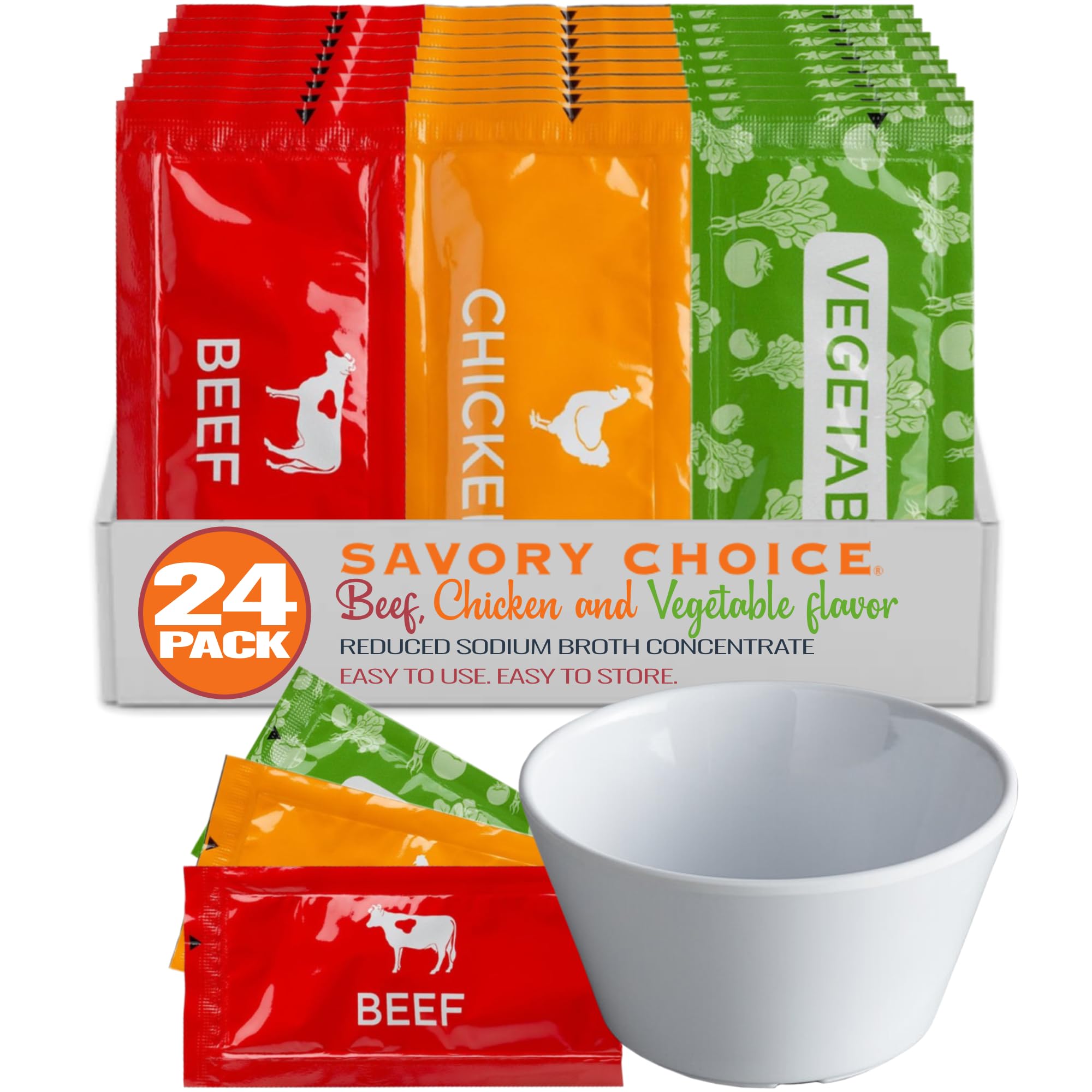 Savory Choice Reduced Sodium Broth Variety Pack: 8 Each Beef, Chicken and Vegetable Concentrates (24 Total) Make Great Soups, Bundle with Bouillon Mixing Cup