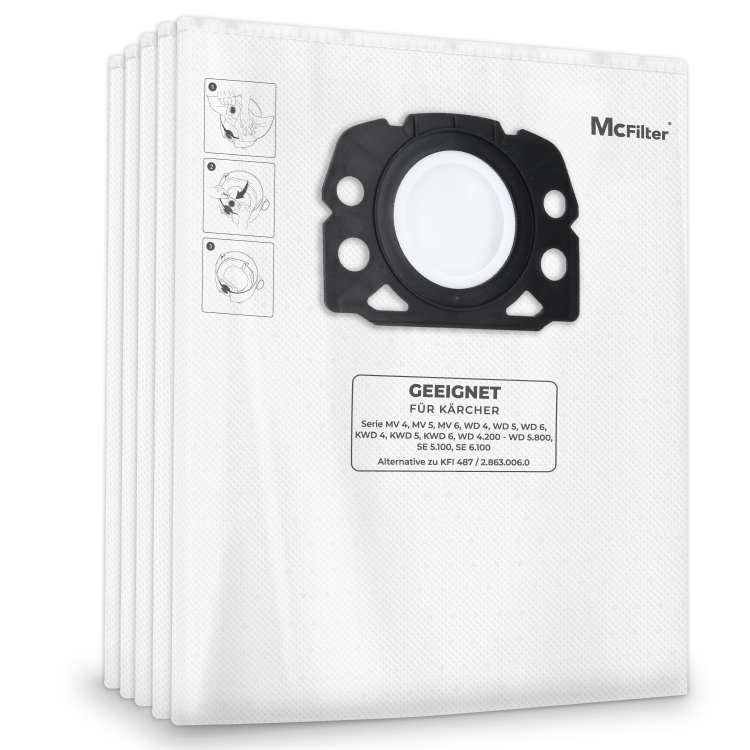 McFiltro - 10 bolsas para polvo compatible con Kärcher WD4 P S V-20/5/22, WD5 P V-25/5/22, WD6 P S V-30/6/22/T, MV4, MV5, MV6 Alternativa para Kärcher KFI 487 Aspirador en seco y húmedo