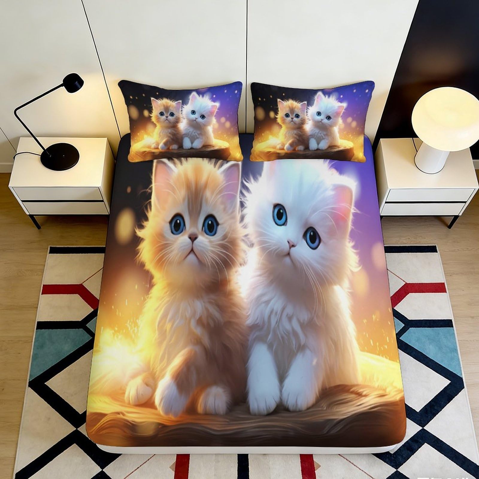 Jqzkxnhpbr Style-3 3D Printed Cute Kitten Fitted Sheet Microfiber Soft Non-Slip Bed Cover For Bedroom Guest Room Mattress Decor 90X200x25cm