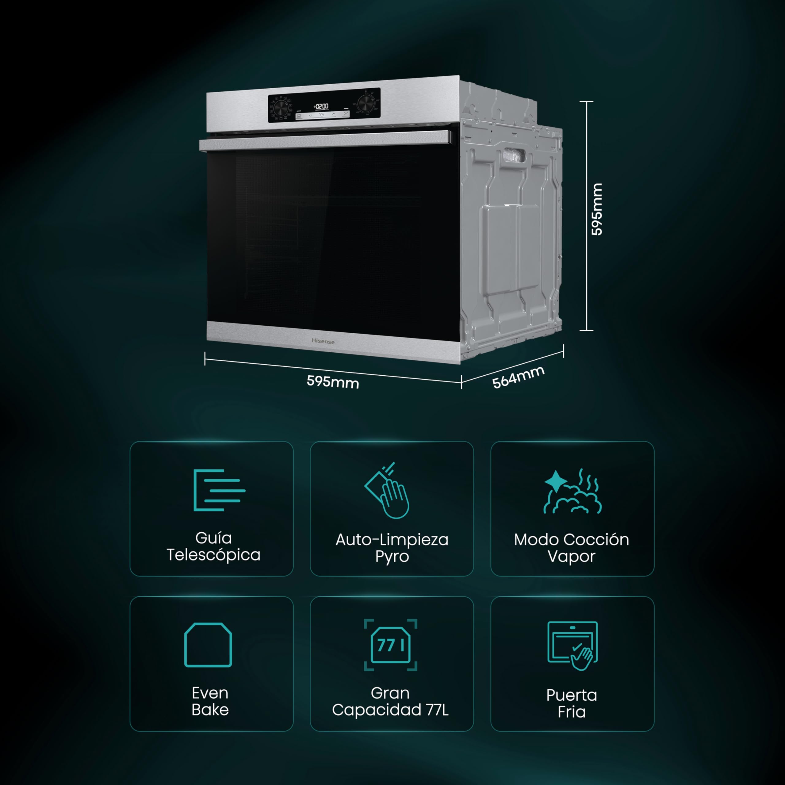 Hisense BSA65226AX Horno Multifunción con Vapor + Función Freidora de Aire sin Aceite, Gran Capacidad 77L,Cocción Simultanea 5 Niveles, ventilador XXL, Pizza mode 300º, Puertas removibles Inox