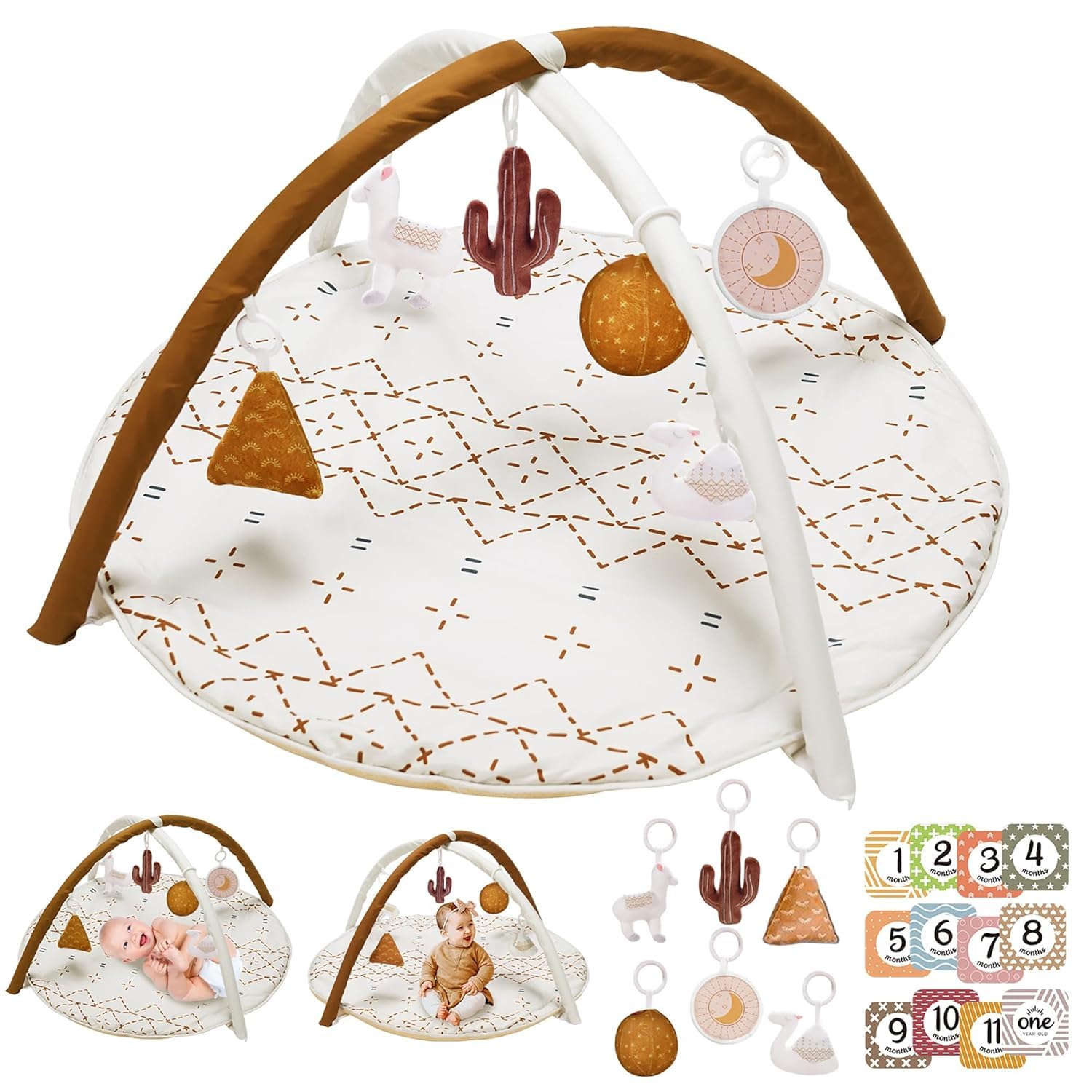 Mallify Baby Spielbogen mit Spielmatte, play mat mit Bauchzeit Kissen und 6 abnehmbaren Sensorik Spielzeugen für Neugeborene & Kinder, Goldbraun