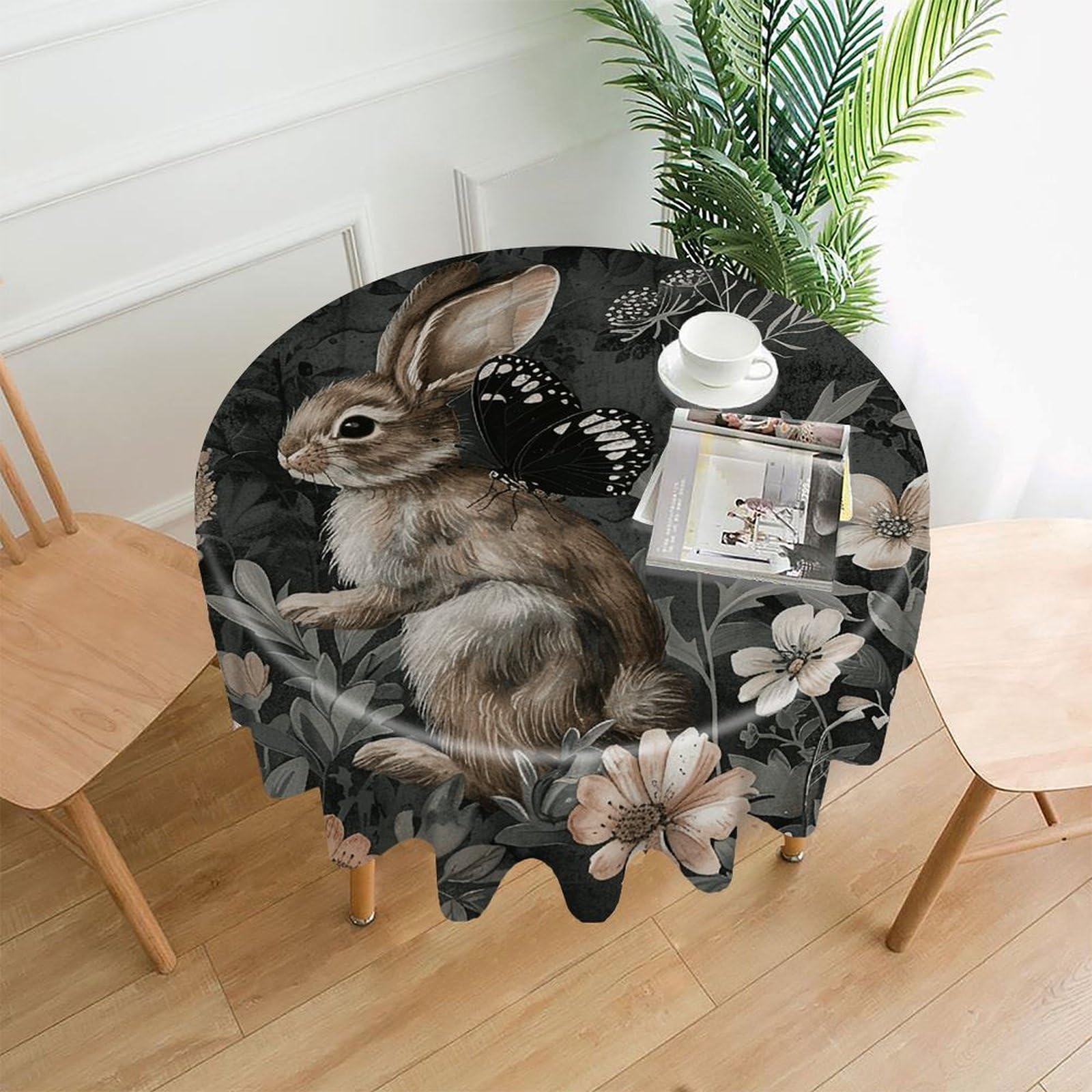 LZQPOEAS Flowers and Rabbit Tablecloth Decorative Round Table Cloth Wrinkle Resistant Round Tablecloth Washable Circle Table Cover for Kitchen Dining Party Wedding Camping 60 Inch