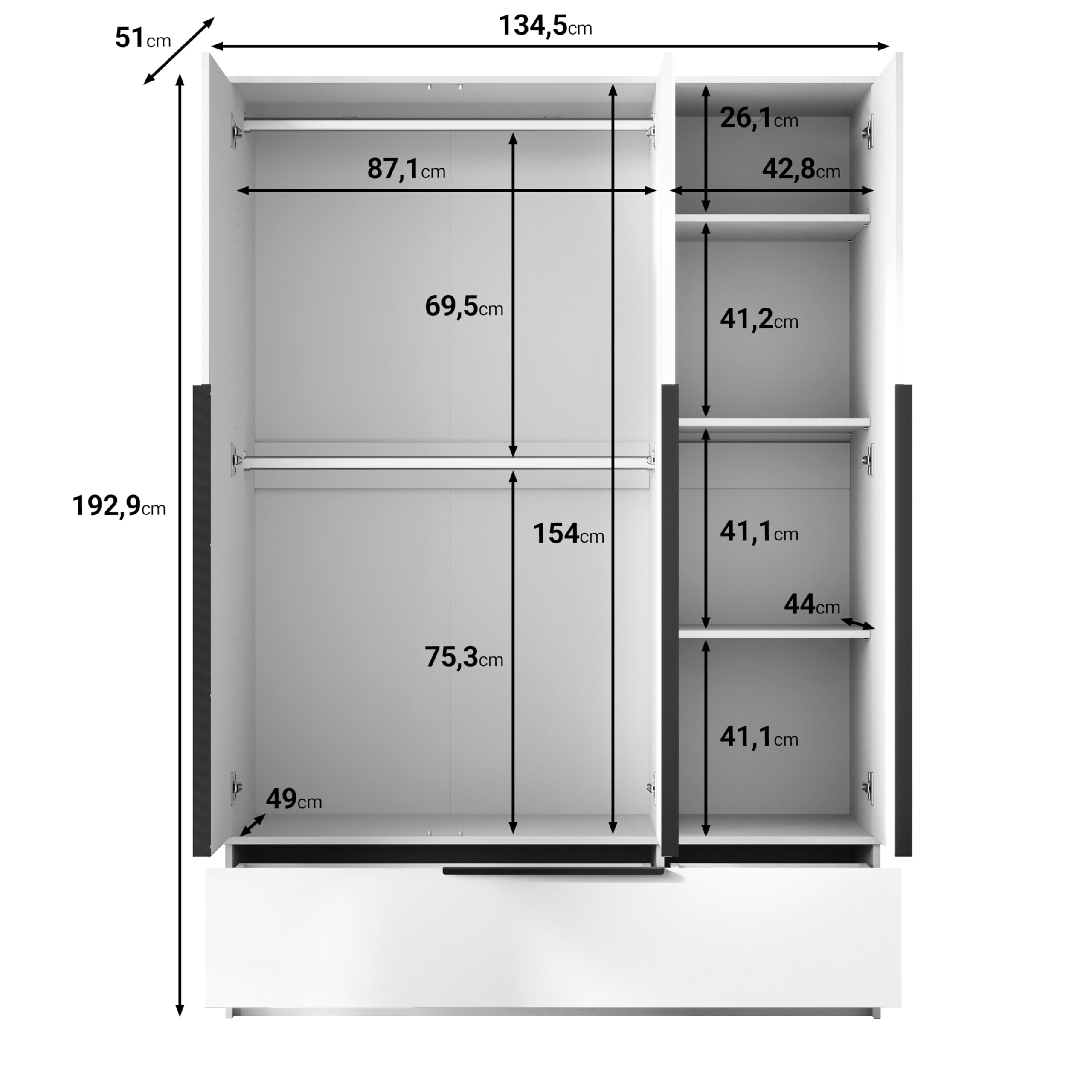 Armarios Dormitorio Alto de 3 Puertas Spirit - Largo de 193 x 135 cm - Armario Ropero para el Salón, la Habitación - Roperos de Dormitorio con Espejo