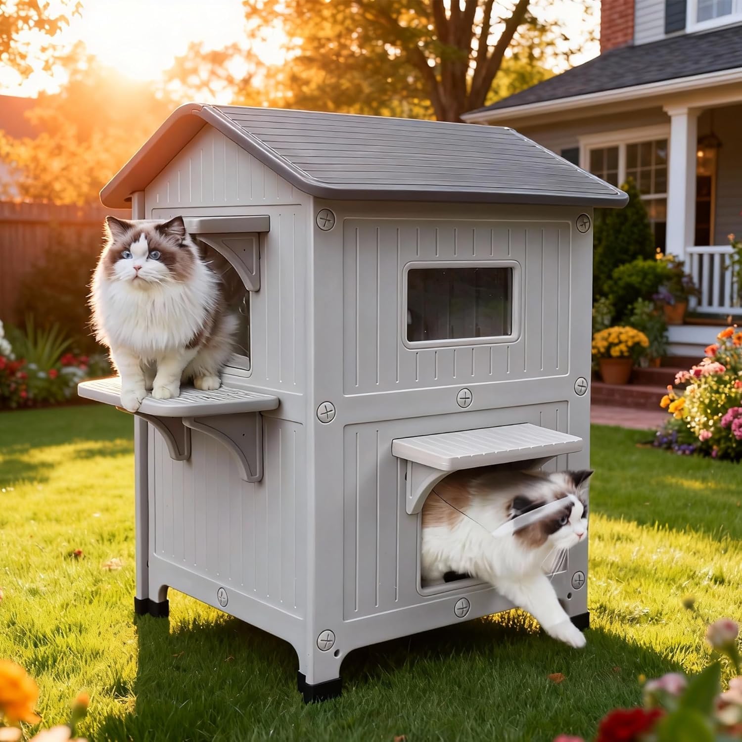 Outdoor cat house, 2 story outdoor houses for cats plastic outside cat shelter weatherproof with escape door, large feral villa cat shelter for small medium pets