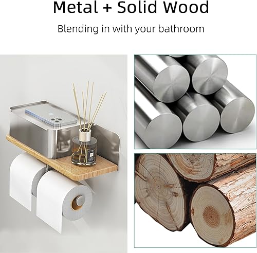 Miniatura 10 de Soporte de papel higiénico con estante de doble rollo con dispensador de toallitas para baño, rollo de papel de seda de metal y madera maciza,