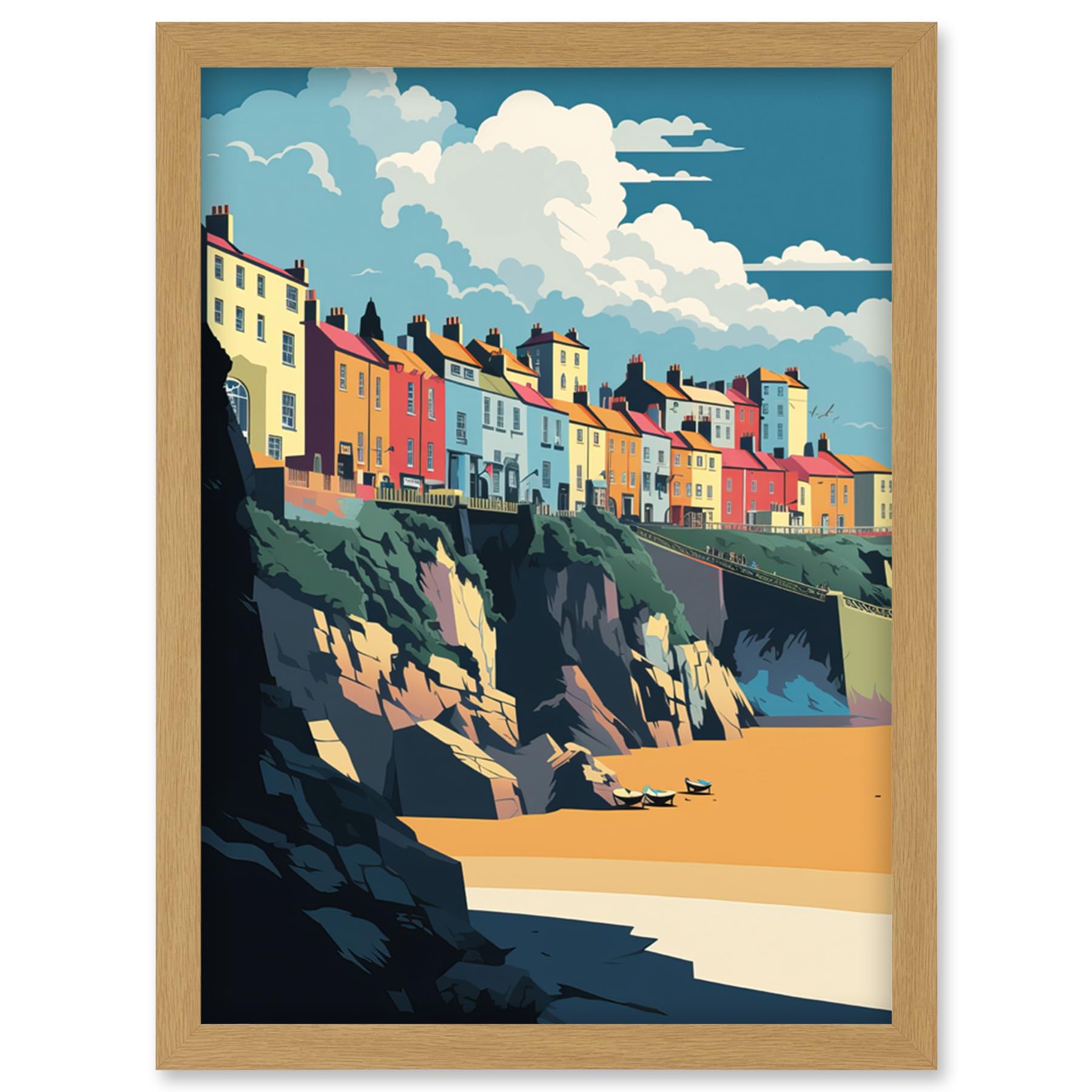 Tenby Harbour Beach Coastal Town Illustration Artwork Print - Framed Wall Art - A4 - Artery8
