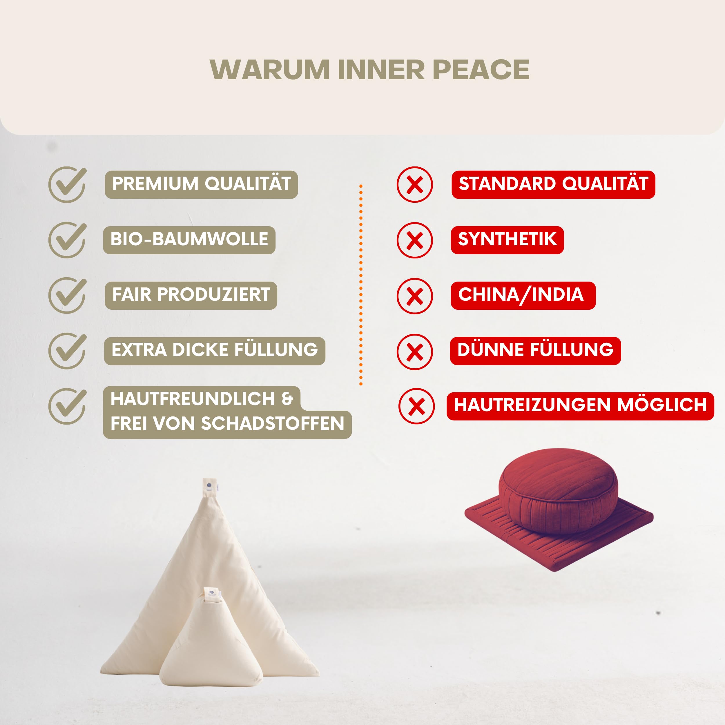 Inner Peace Meditationskissen Set | Dreieck Yoga Kissen & Zabuton Meditationsmatte | Bio Baumwolle | Waschbar | Oeko-TEX Standard 100 | Zen Meditation Set | Mit geführter Meditation | Bio-Baumwolle, waschbar, Oeko-TEX Standard 100, Zen Meditationsset, nac