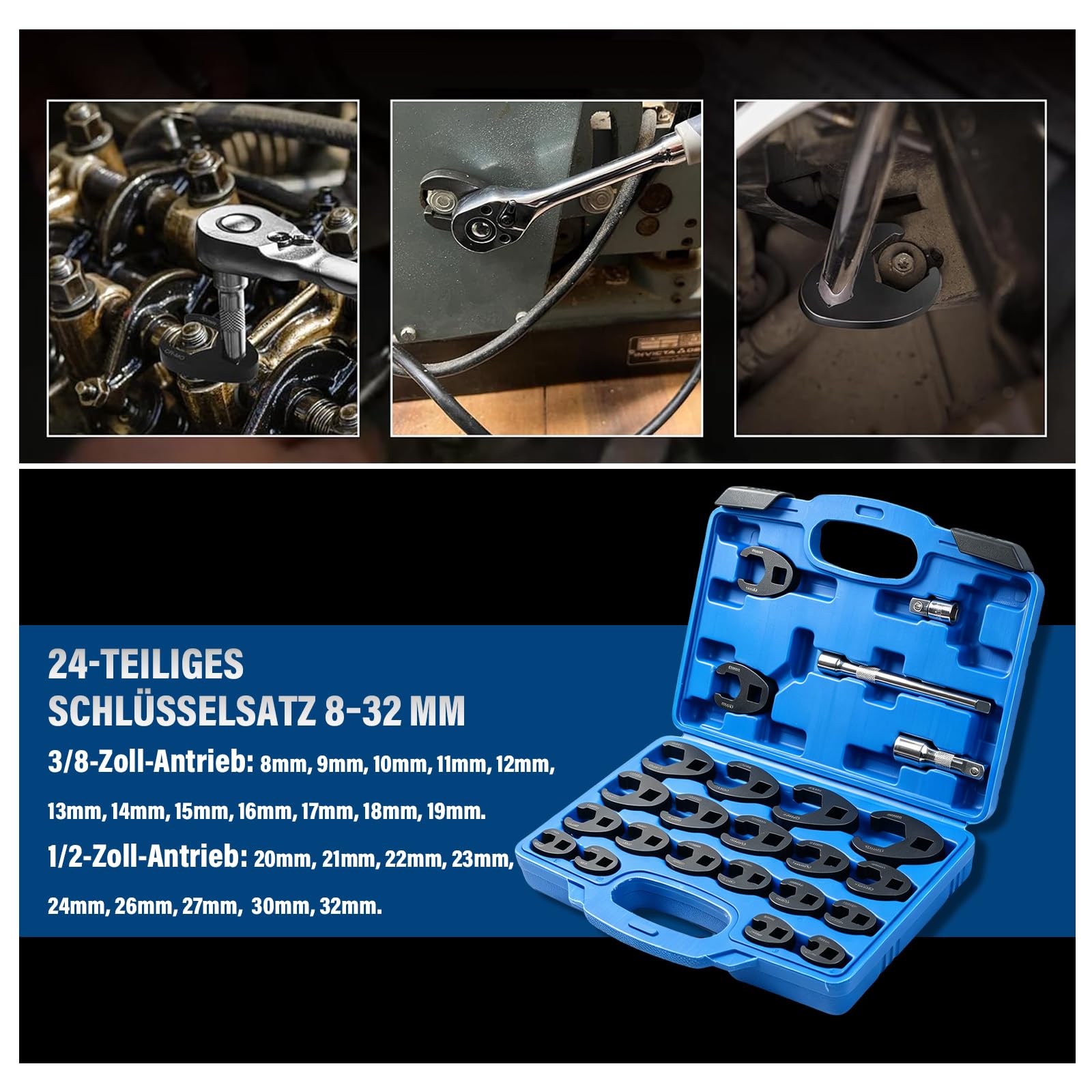 Hahnenfußschlüssel Satz, 24-tlg aus CR-MO Stahl, 8-32 mm, 3/8" und 1/2" Antrieb Drehmoment, Krähenfußschlüssel Set, Hahnenfußschlüssel-Set
