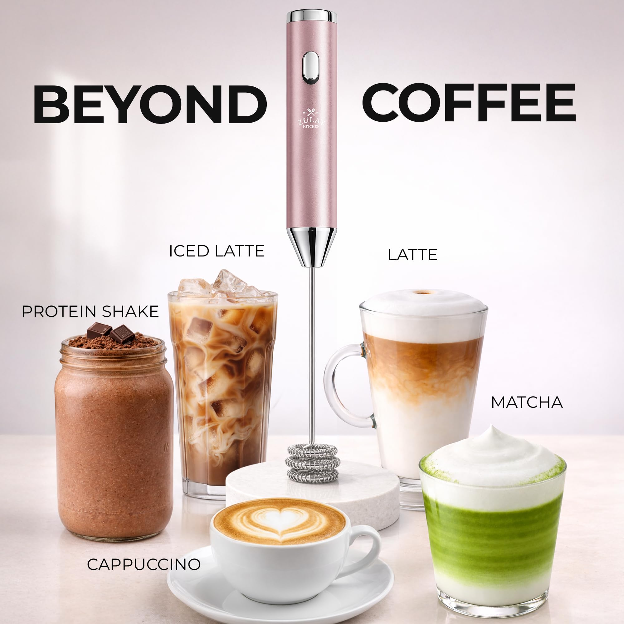 Zulay Kitchen Espumador de leche recargable de metal, 3 accesorios de batidor de mano, carga USB-C de 1800 mAh, mezclador eléctrico de bebidas para proteínas, matcha y polvos, una carga dura hasta 6