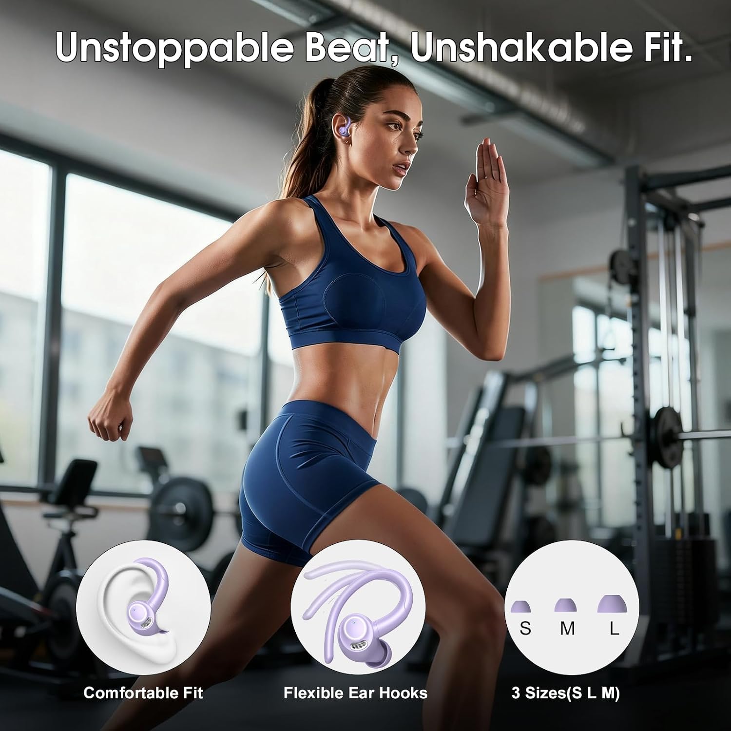 Csasan Auriculares inalámbricos Deportivos, Cascos Sonido Premium | 48H Bluetooth 5.3 Auriculares con HD Micrófono y Pantalla LED, Diseño de Gancho de Aire, iOS Android para Deportes, Púrpura