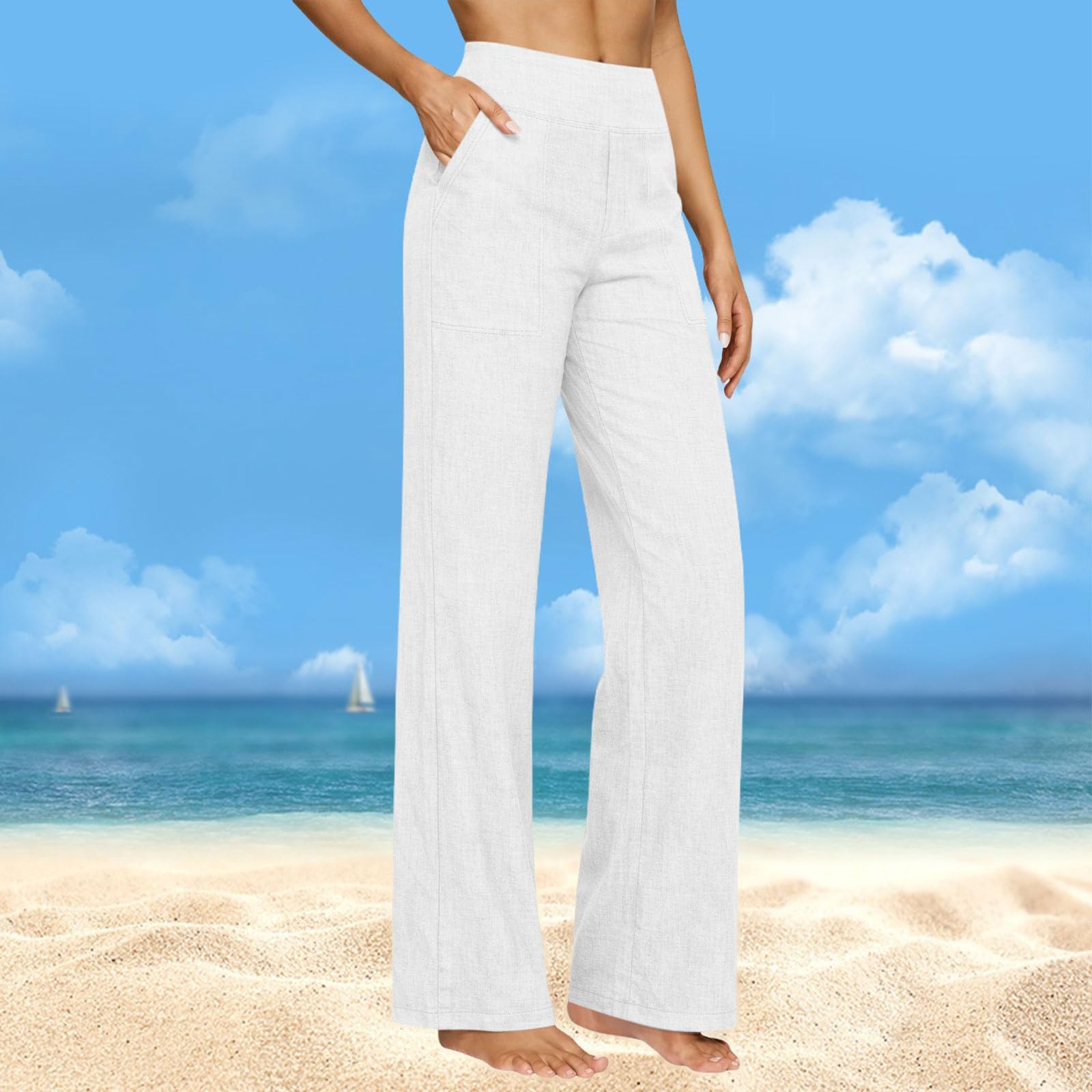 Pantaloni Casual da Donna in Cotone e Lino – Gamba Larga, Vita Elastica, Ideali per Spiaggia, Vacanze e Relax – vestibilità Ampia e Leggera