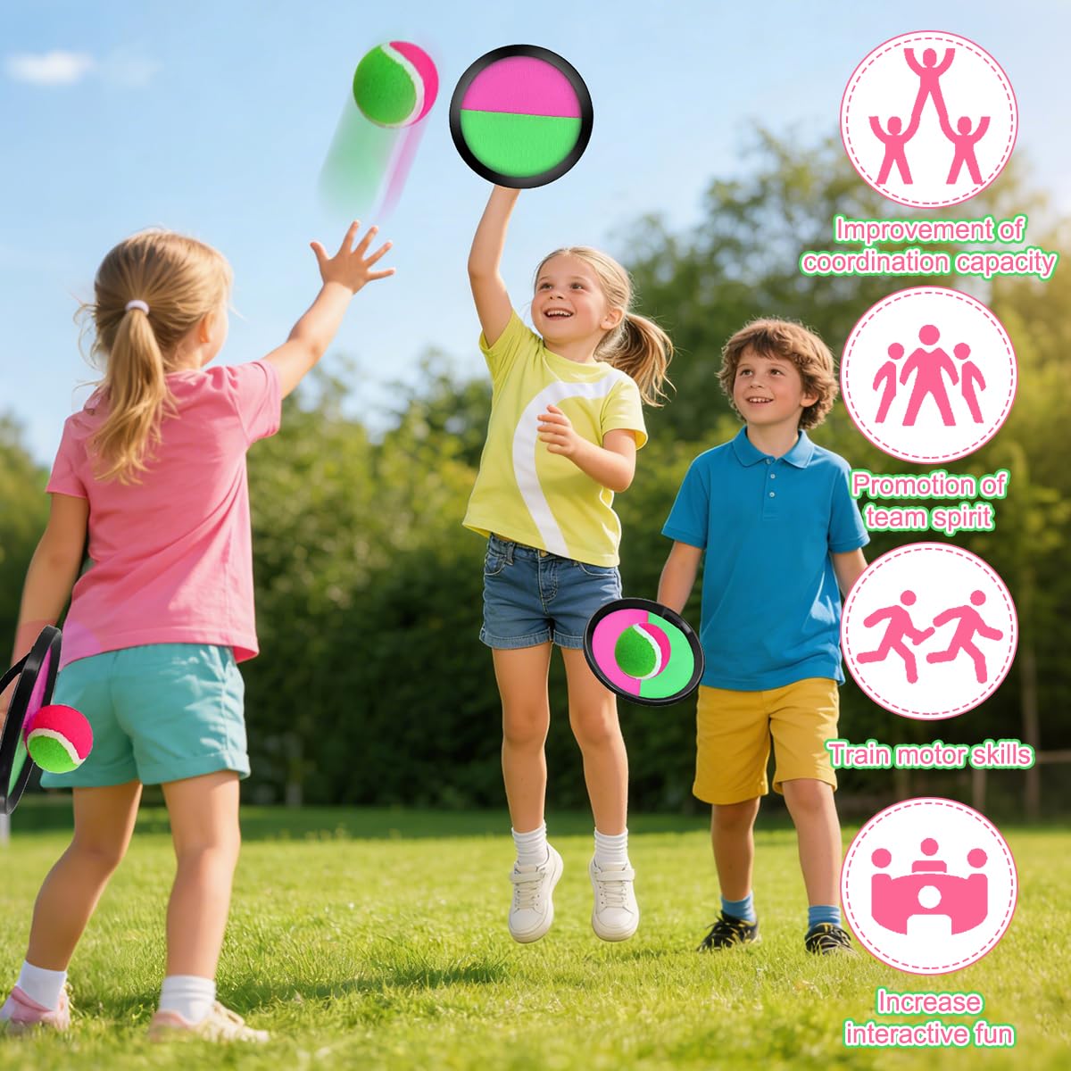 Balle Raquette Scratch Jeux, Jeu de Balle à Attraper Raquette avec 4 Raquettes + 4 Balles, Lancer Catch Ball Jouet Enfants, Jeu de Pagaies et de Lancer pour Jardin Cour Piscine Plage (2 paires)
